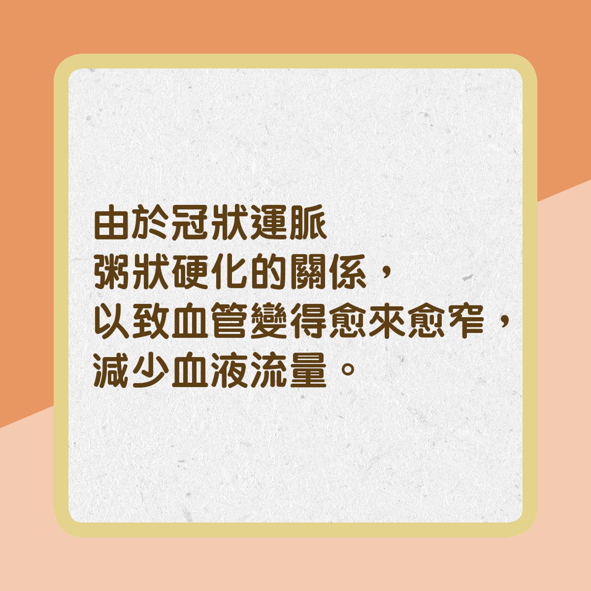 【冠心病成因】6. 由於冠狀運脈粥狀硬化的關係，以致血管變得愈來愈窄，減少血液流量。﹙01製圖﹚