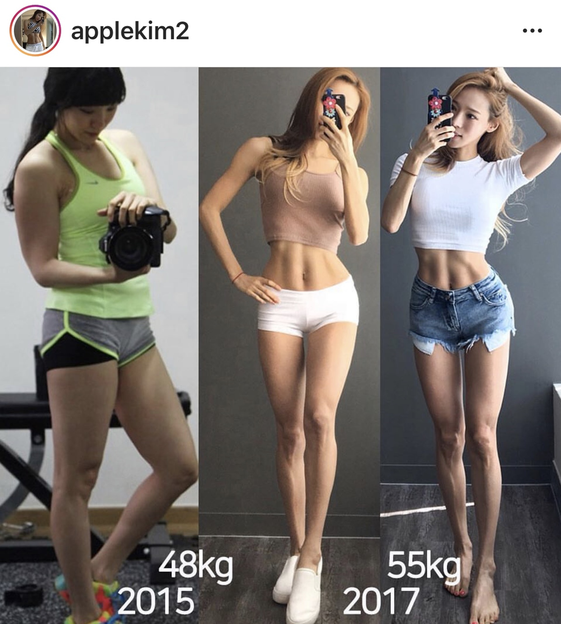 Apple Kim於2年間其實增磅了7公斤，但視覺上即使磅數重了，身型卻顯瘦，加強肌肉訓練是她的瘦身重點。（applekim2 IG）