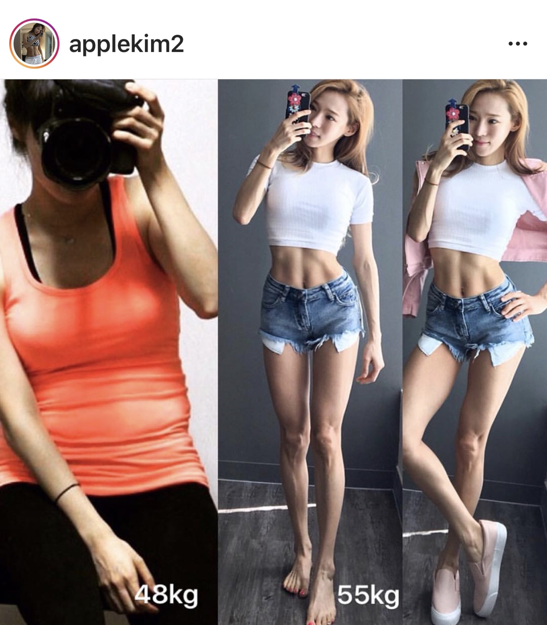 撇開數字的迷思，Apple Kim不會斤斤計較體重上的數字，藉由飲食控制及運動來管理身材，在視覺上有顯瘦的效果，（左）2015年她有48公斤，看來比（右）2017年55公斤更肥。（applekim2 IG）