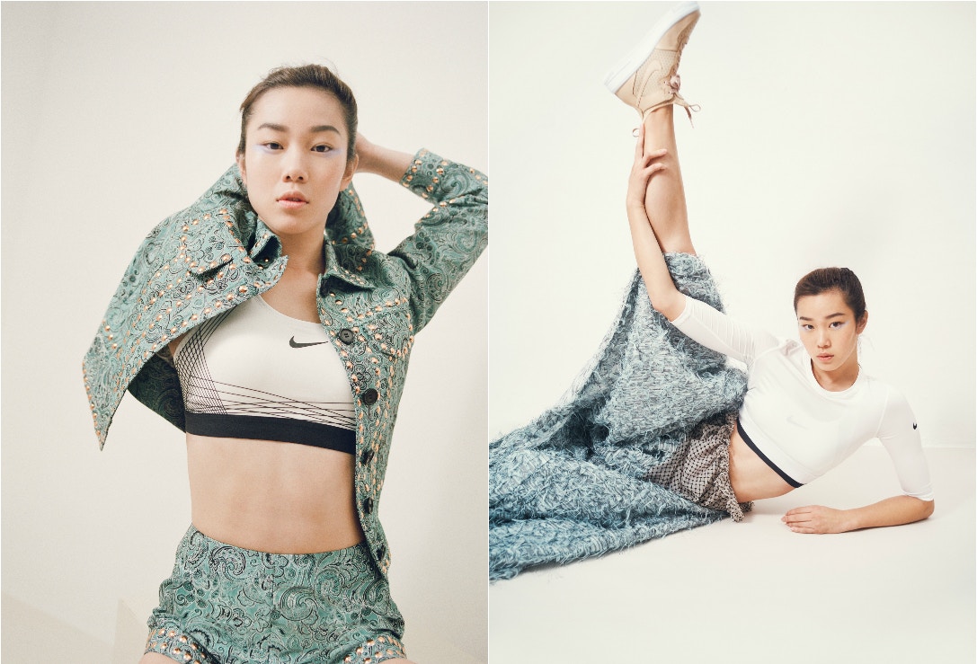 香港女子游泳選手歐鎧淳示範如何將Nike Women服飾混合Jourden優雅款式，完成沒有其他時裝照的違和感。（品牌提供）