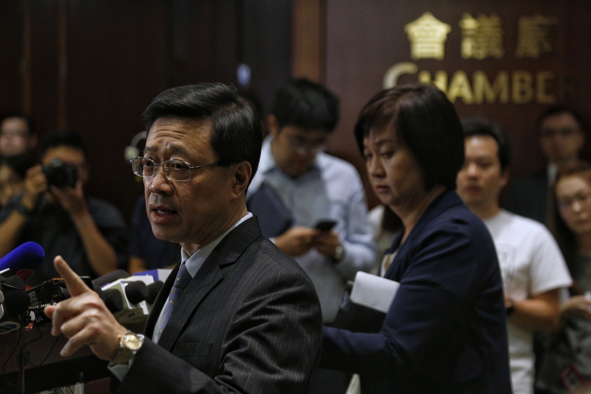 李家超促台灣履行司法責任讓陳同佳到當地自首。(張浩維攝) 李家超促台灣履行司法責任讓陳同佳到當地自首。(張浩維攝)