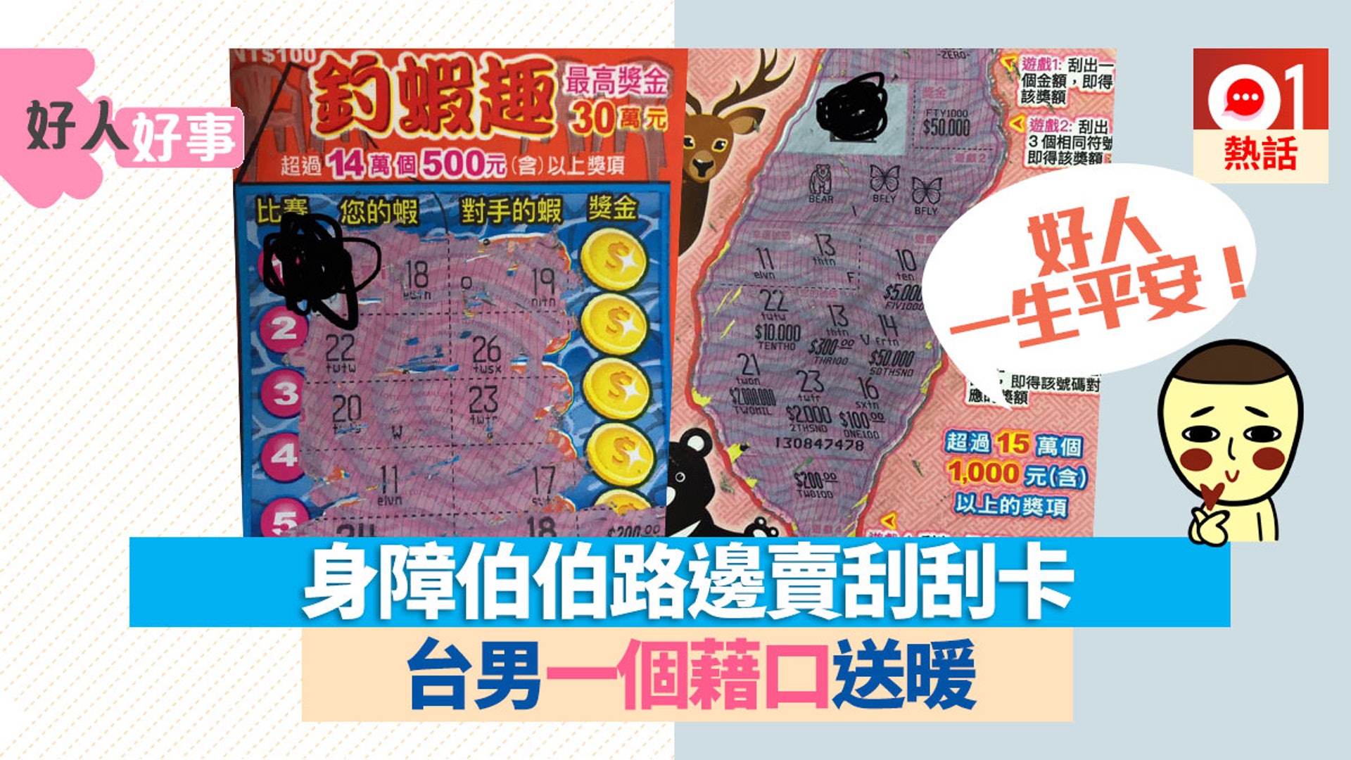 一個簡單舉動也能溫暖別人的心!有台男日前駕駛期間遇到一名售賣刮刮卡的身障伯伯,於是立刻幫對方購買兩張以作支持,並邀請伯伯幫忙選卡。刮了卡後伯伯告知台男中獎,他沒有如常拿走全部獎金,反而做了一個舉動,令伯伯驚喜又感動。(01製圖) 一個簡單舉動也能溫暖別人的心!有台男日前駕駛期間遇到一名售賣刮刮卡的身障伯伯,於是立刻幫對方購買兩張以作支持,並邀請伯伯幫忙選卡。刮了卡後伯伯告知台男中獎,他沒有如常拿走全部獎金,反而做了一個舉動,令伯伯驚喜又感動。(01製圖)