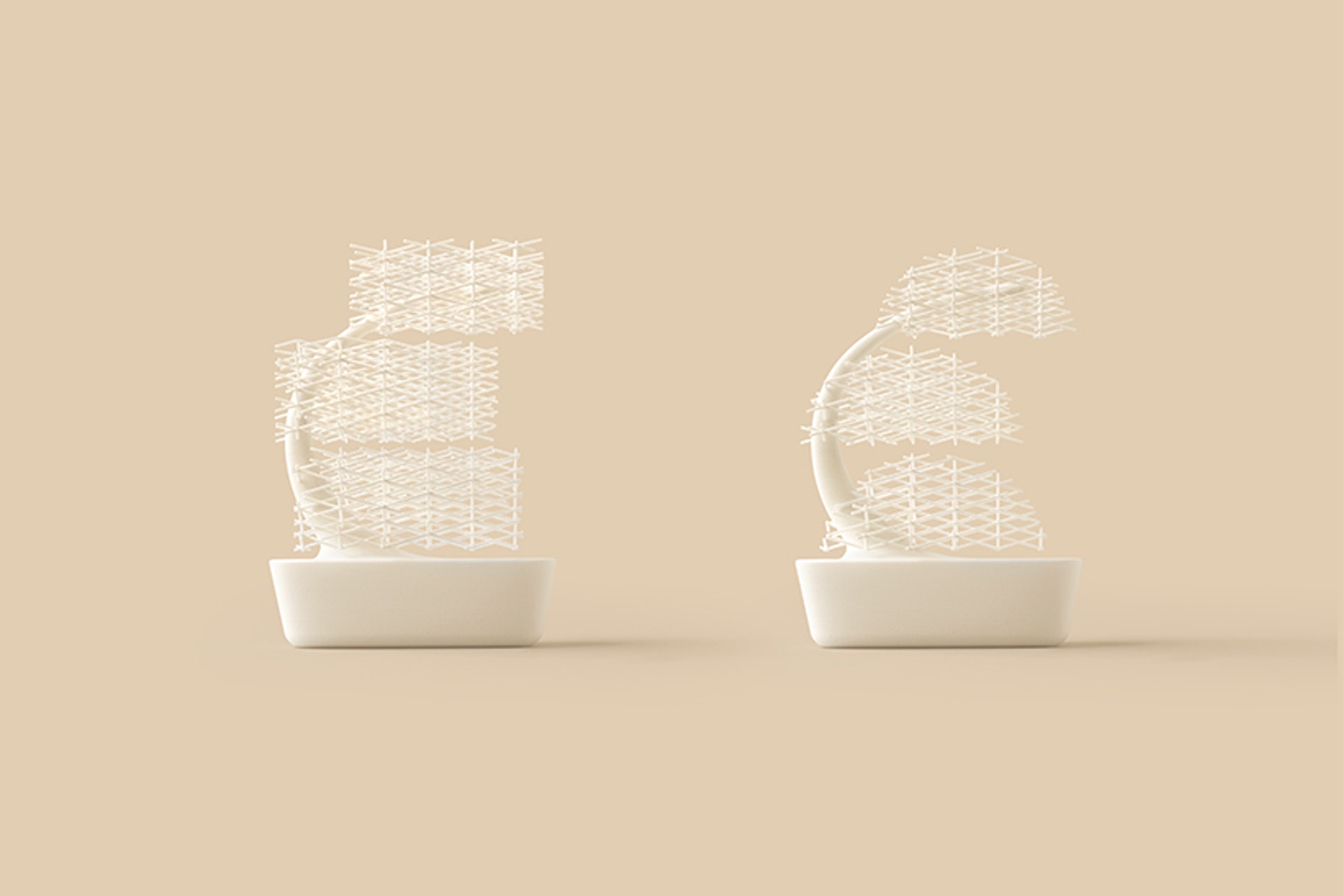 3D打印盆景以交叉編織的塑膠格網製成(Nendo)