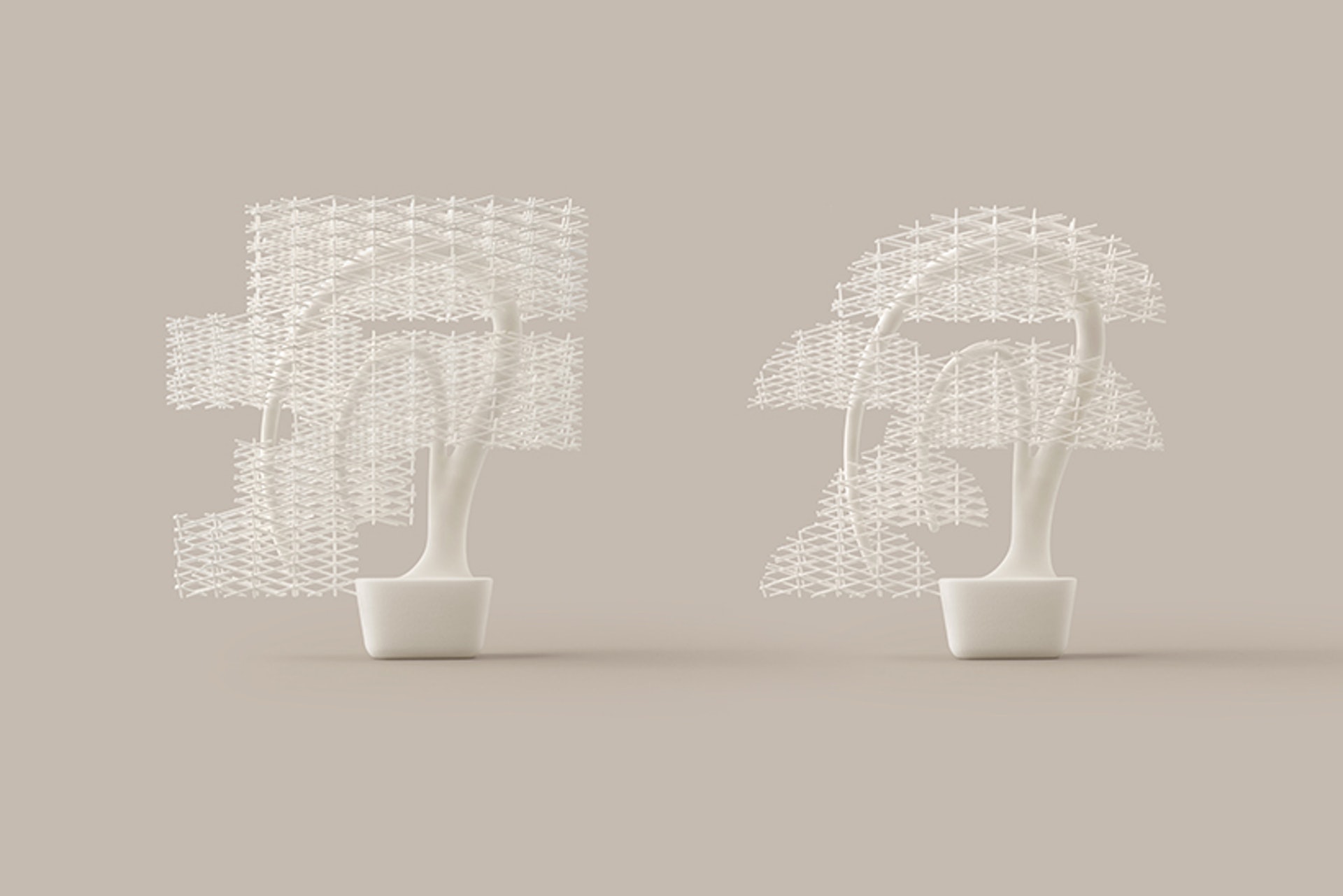 3D打印盆景以交叉編織的塑膠格網製成(Nendo)