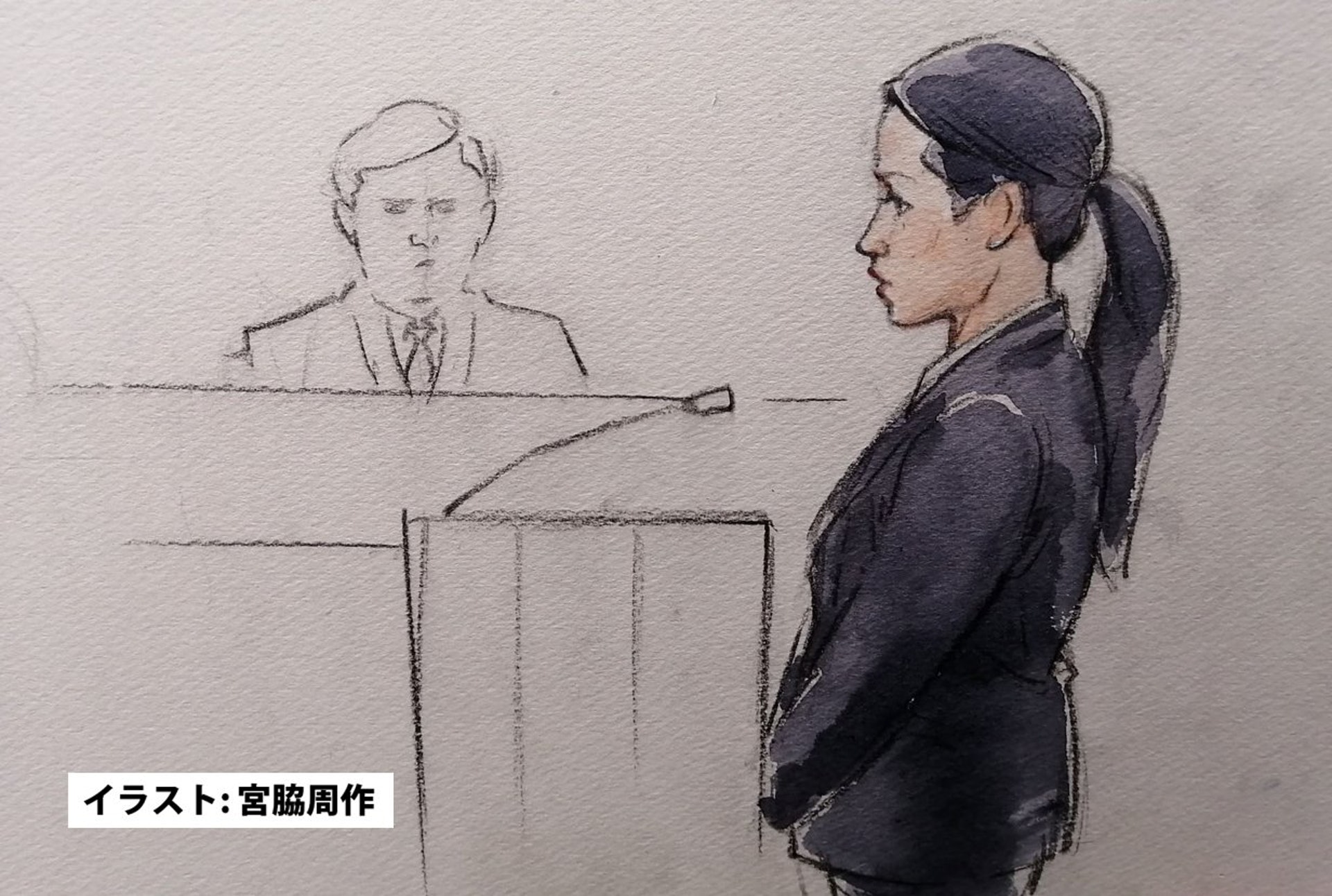 澤尻英龍華紮起馬尾、穿上西裝出庭,自稱現時無業的她指自己令他人蒙受損失感抱歉。圖為法庭插畫。(Twitter/@marlboroman1217) 澤尻英龍華紮起馬尾、穿上西裝出庭,自稱現時無業的她指自己令他人蒙受損失感抱歉。圖為法庭插畫。(Twitter/@marlboroman1217)