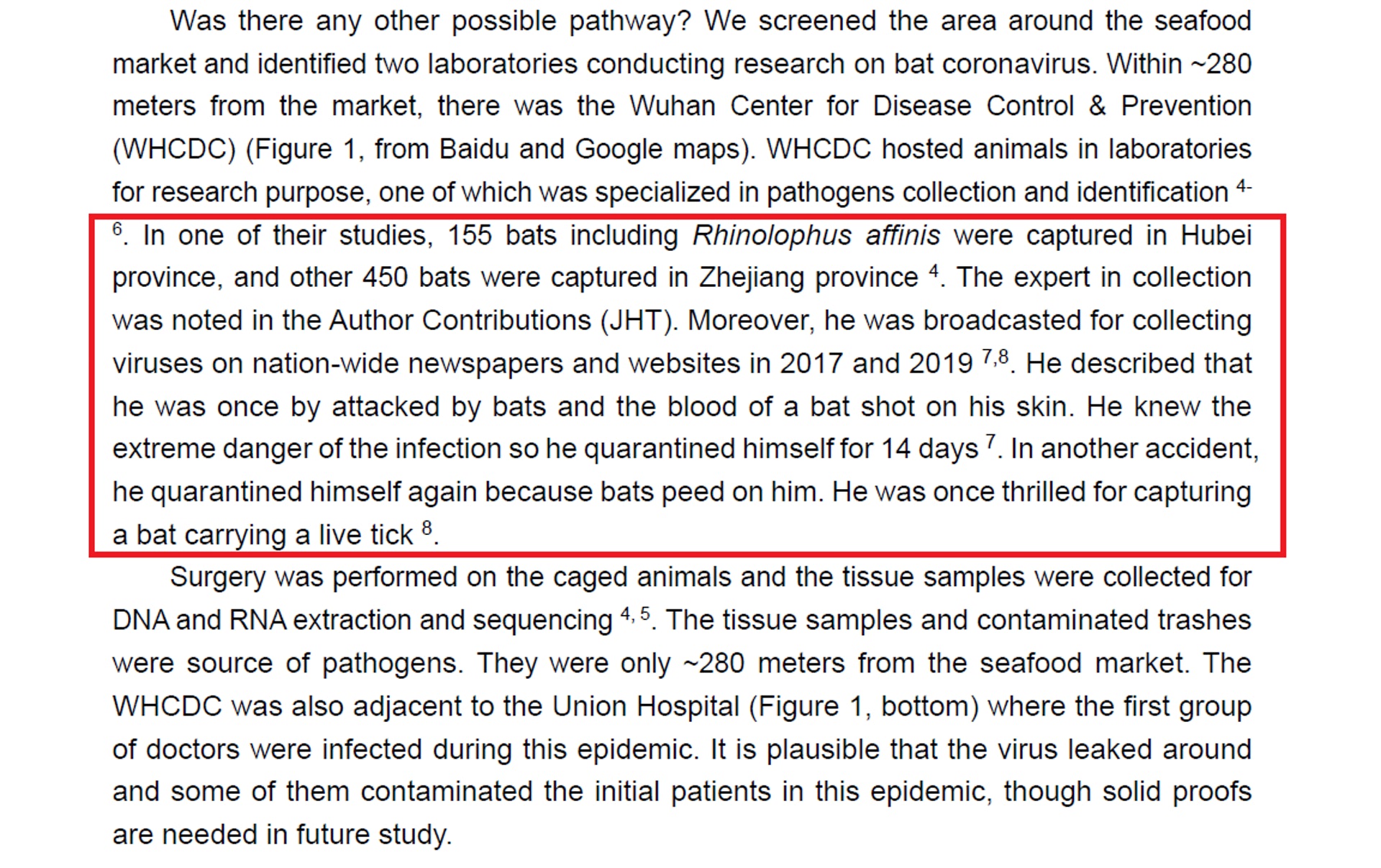 學者報告指，武漢市疾病預防控制中心曾管有近600隻蝙蝠，過往報道顯示有研究人員曾發生意外（紅框內內容）。（報告截圖）