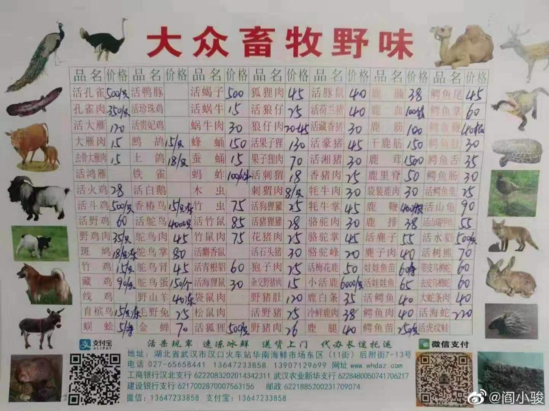 華南海鮮市場野味價目表，並無蝙蝠。（網上圖片）