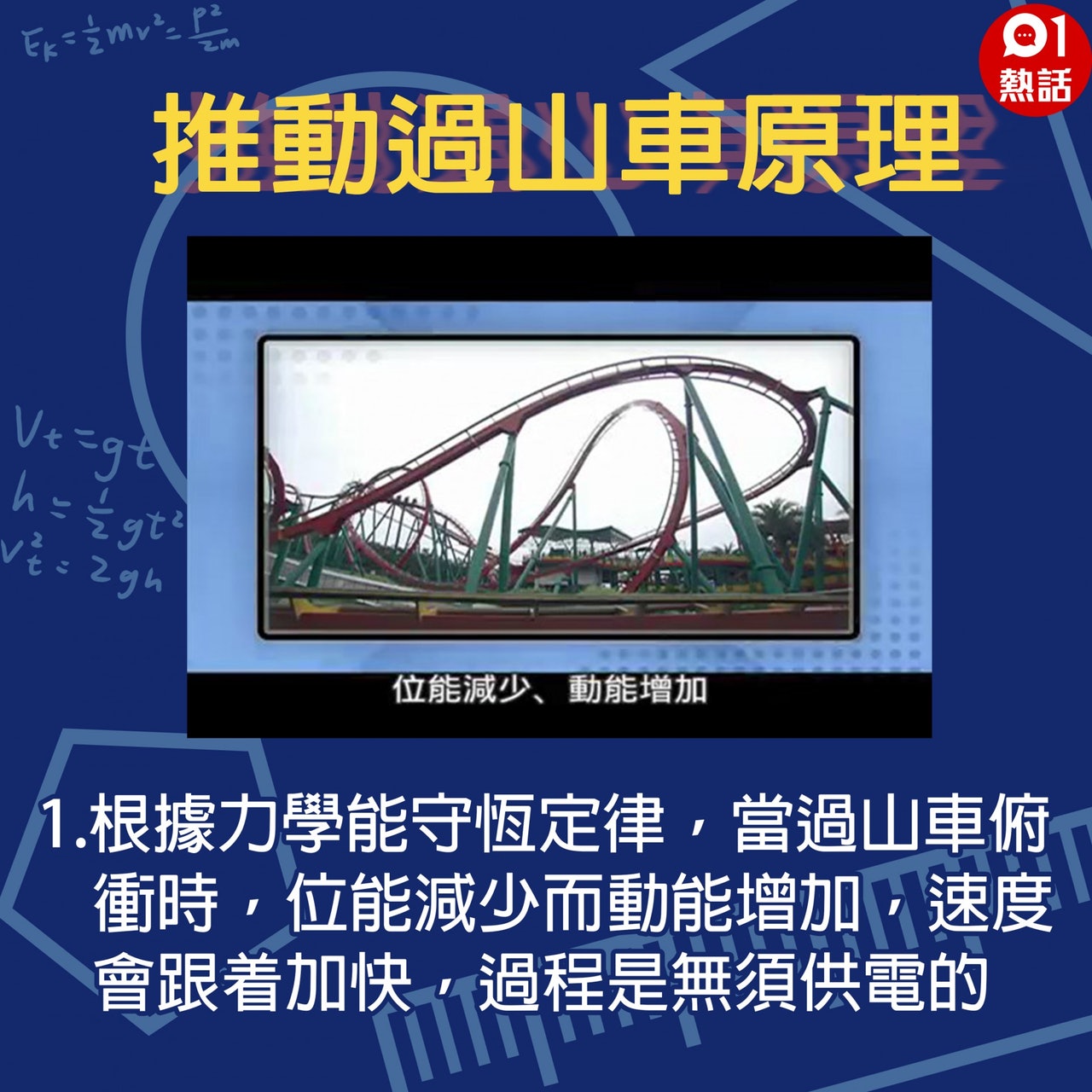【生活百科#過山車原理】1.根據力學能守恆定律,當過山車俯衝時,位能減少而動能增加,速度會跟着加快,過程是無須供電的。(Youtube「Buzzgogogo」短片截圖) 【生活百科#過山車原理】1.根據力學能守恆定律,當過山車俯衝時,位能減少而動能增加,速度會跟着加快,過程是無須供電的。(Youtube「Buzzgogogo」短片截圖)