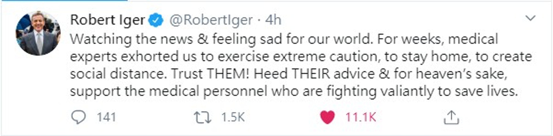 迪士尼一份聲明中更講到「儘管在COVID-19新型冠狀病毒肺炎疫情影響下,很多方面仍然存在很多不確定性,但客人和員工的安全以及福祉必定是迪士尼公司的重中之重。」(Bob Iger Twitter擷圖) 迪士尼一份聲明中更講到「儘管在COVID-19新型冠狀病毒肺炎疫情影響下,很多方面仍然存在很多不確定性,但客人和員工的安全以及福祉必定是迪士尼公司的重中之重。」(Bob Iger Twitter擷圖)