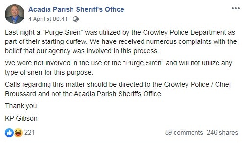 阿卡迪亞警長辦公室急急澄清。（Acadia Parish Sheriff's Office Facebook 擷圖）