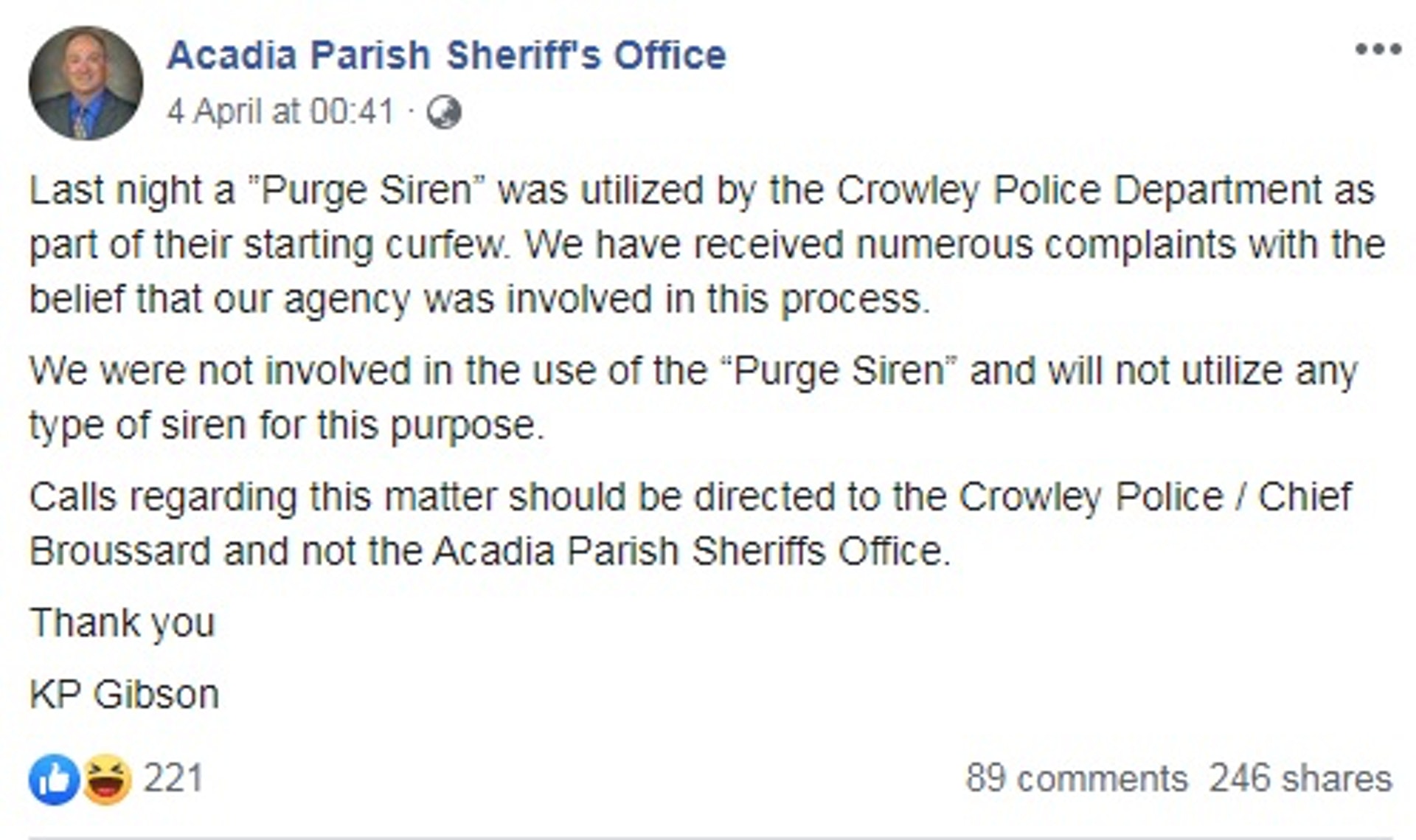阿卡迪亞警長辦公室急急澄清。(Acadia Parish Sheriff's Office Facebook 擷圖) 阿卡迪亞警長辦公室急急澄清。(Acadia Parish Sheriff's Office Facebook 擷圖)
