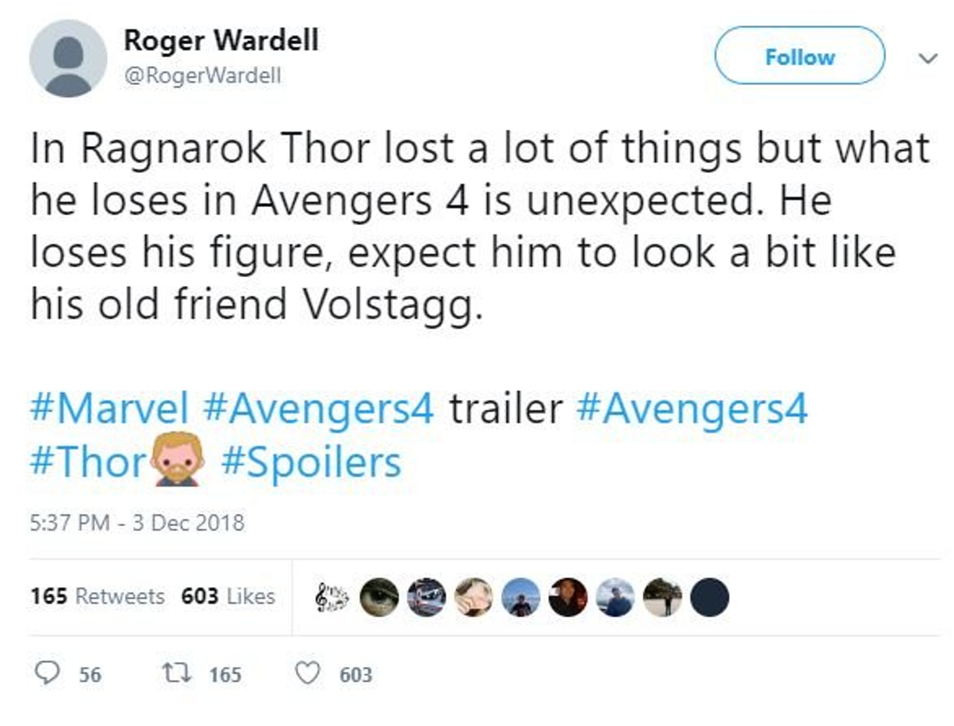 Roger Wardell在2018年劇透「雷神」完美體型不保。(RogerWardell Twitter 擷圖) Roger Wardell在2018年劇透「雷神」完美體型不保。(RogerWardell Twitter 擷圖)