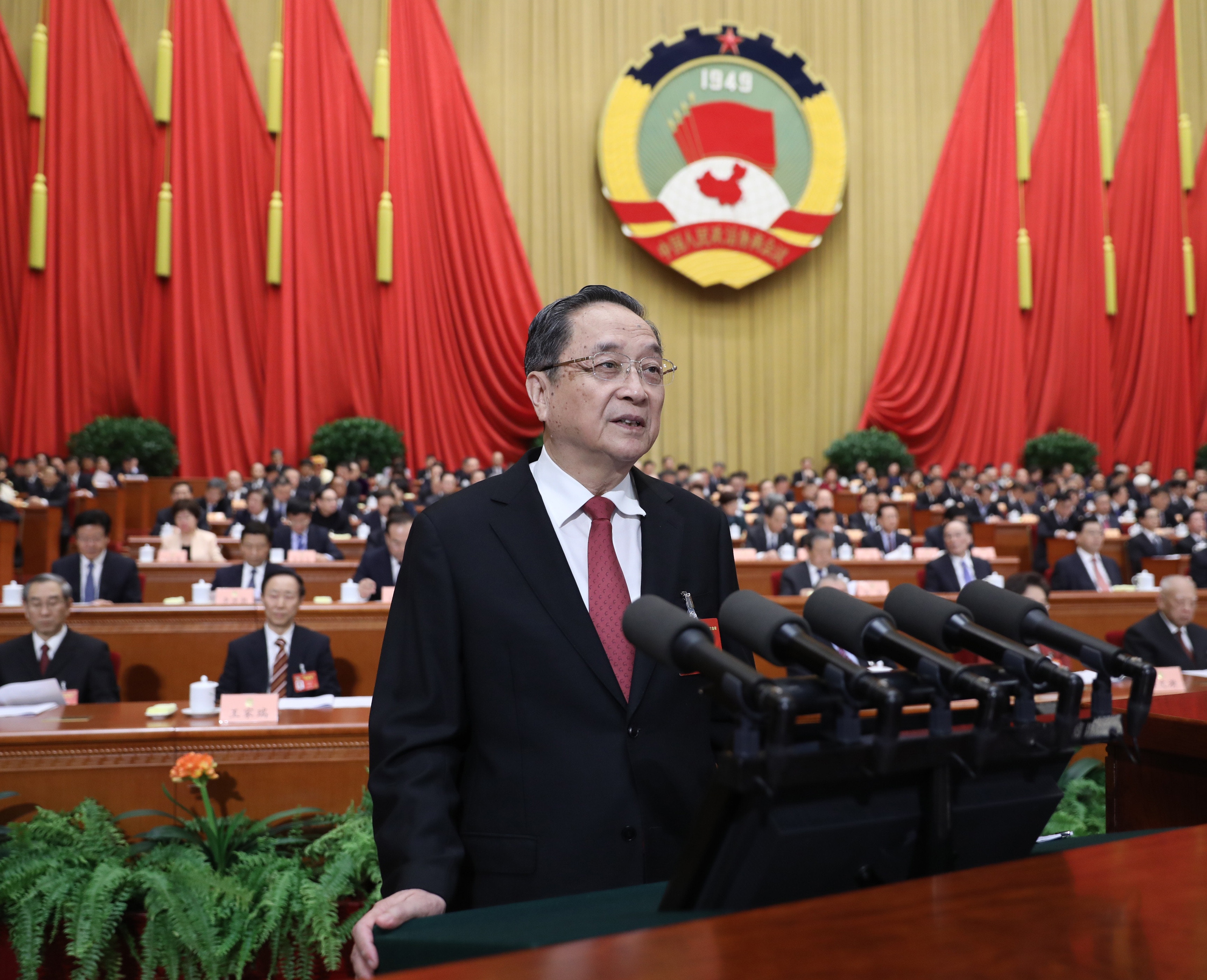 全國政協主席俞正聲在工作報告，加入「反對港獨」、「港區政協走進校園」等字眼。（資料圖片）