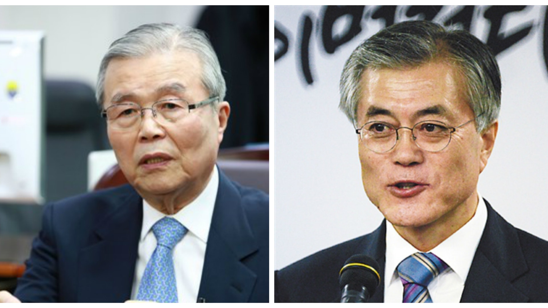 金鐘仁(左)與文在寅(右)曾是競選拍檔。 金鐘仁(左)與文在寅(右)曾是競選拍檔。