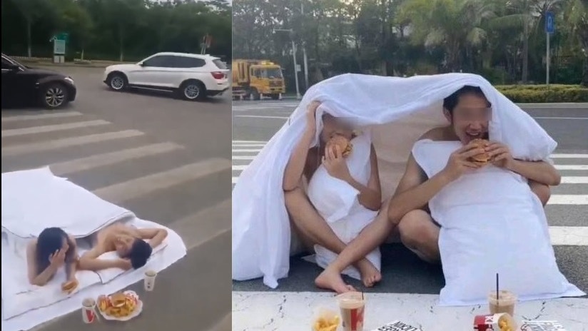 裹床單橫躺路中心　「半裸」新人玩命拍結婚照　網民：隨時變遺照