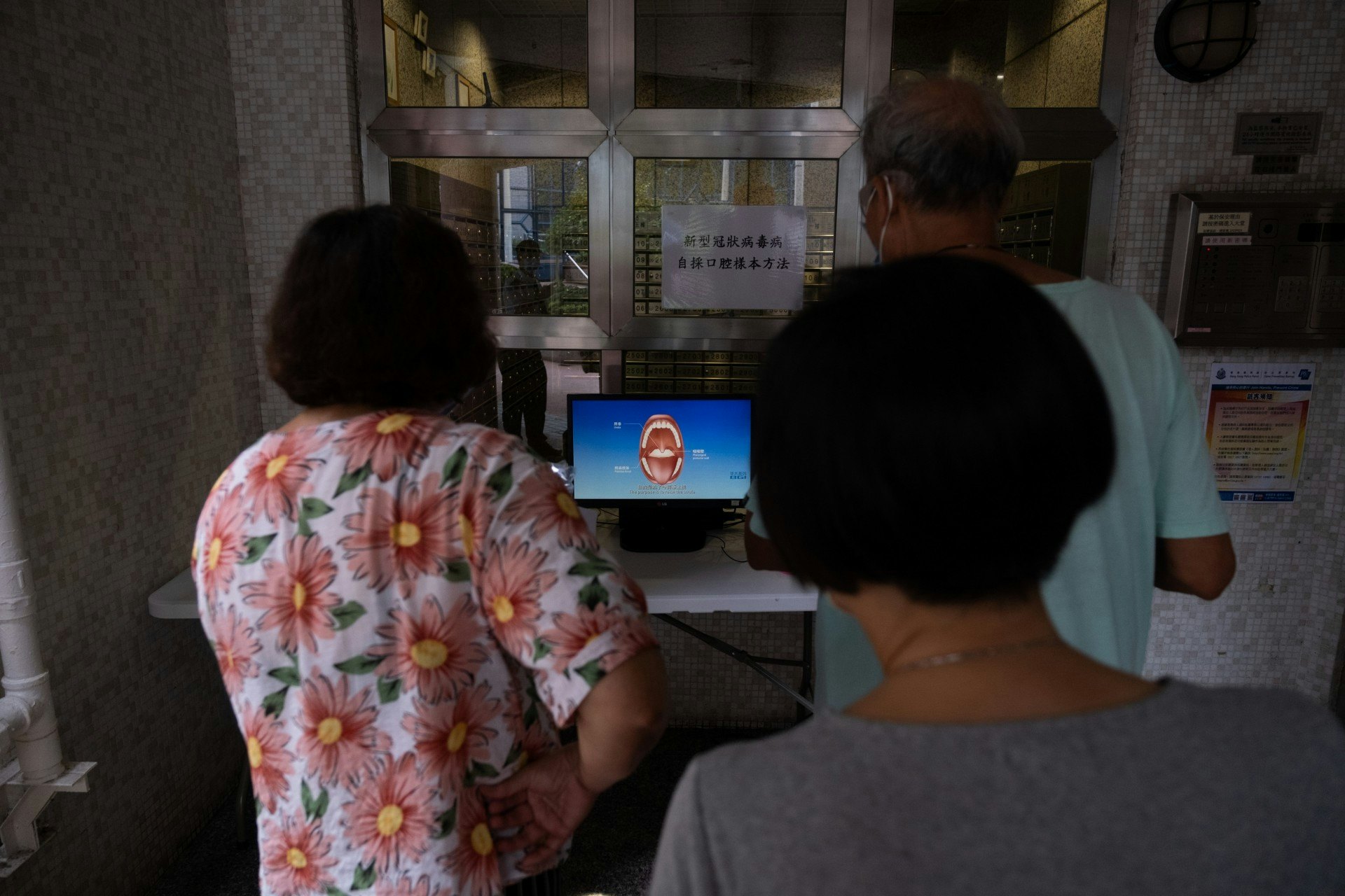 民政總署與東華三院人員8月7日到慈愛苑派發咽拭子採樣套裝,大廈地下有影片說明採樣做法。(梁鵬威攝) 民政總署與東華三院人員8月7日到慈愛苑派發咽拭子採樣套裝,大廈地下有影片說明採樣做法。(梁鵬威攝)