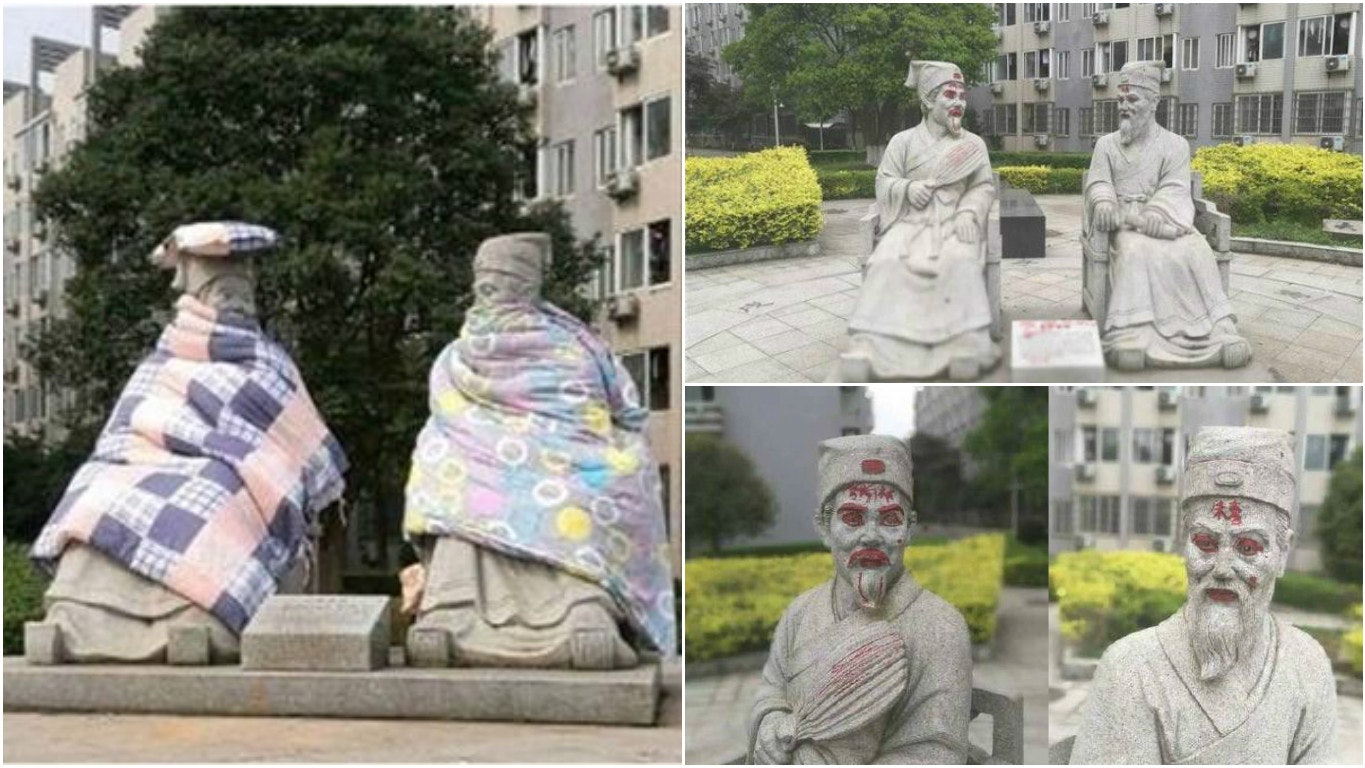 湖南大學朱熹張栻雕像被「斯文掃地」 剛曬完棉被又遭塗鴉 湖南大學朱熹張栻雕像被「斯文掃地」 剛曬完棉被又遭塗鴉
