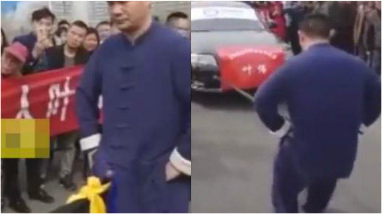 山東奇男用睾丸綁7輛車,並拖行8米。(網絡圖片) 山東奇男用睾丸綁7輛車,並拖行8米。(網絡圖片)