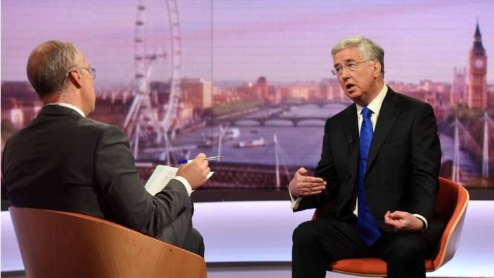 4月2日，英國國防大臣房應麟（右）於BBC政治節目Andrew Marr Show上指英國會照顧直布羅陀（圖片來源：BBC）