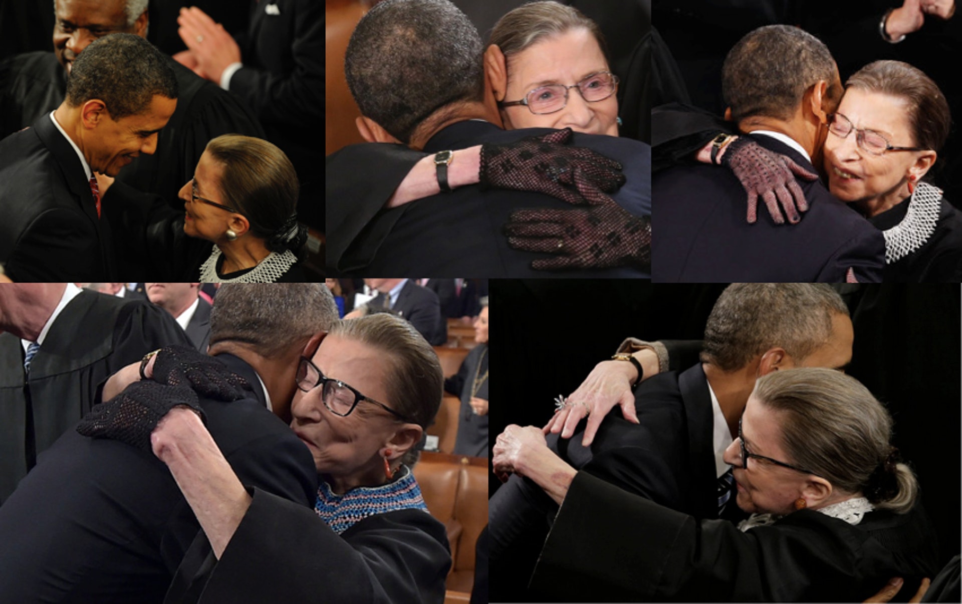 奥巴马曾笑说特别喜欢金斯伯格，在发表国情咨文前很多时都会与金斯伯格拥抱一下。（网上图片）