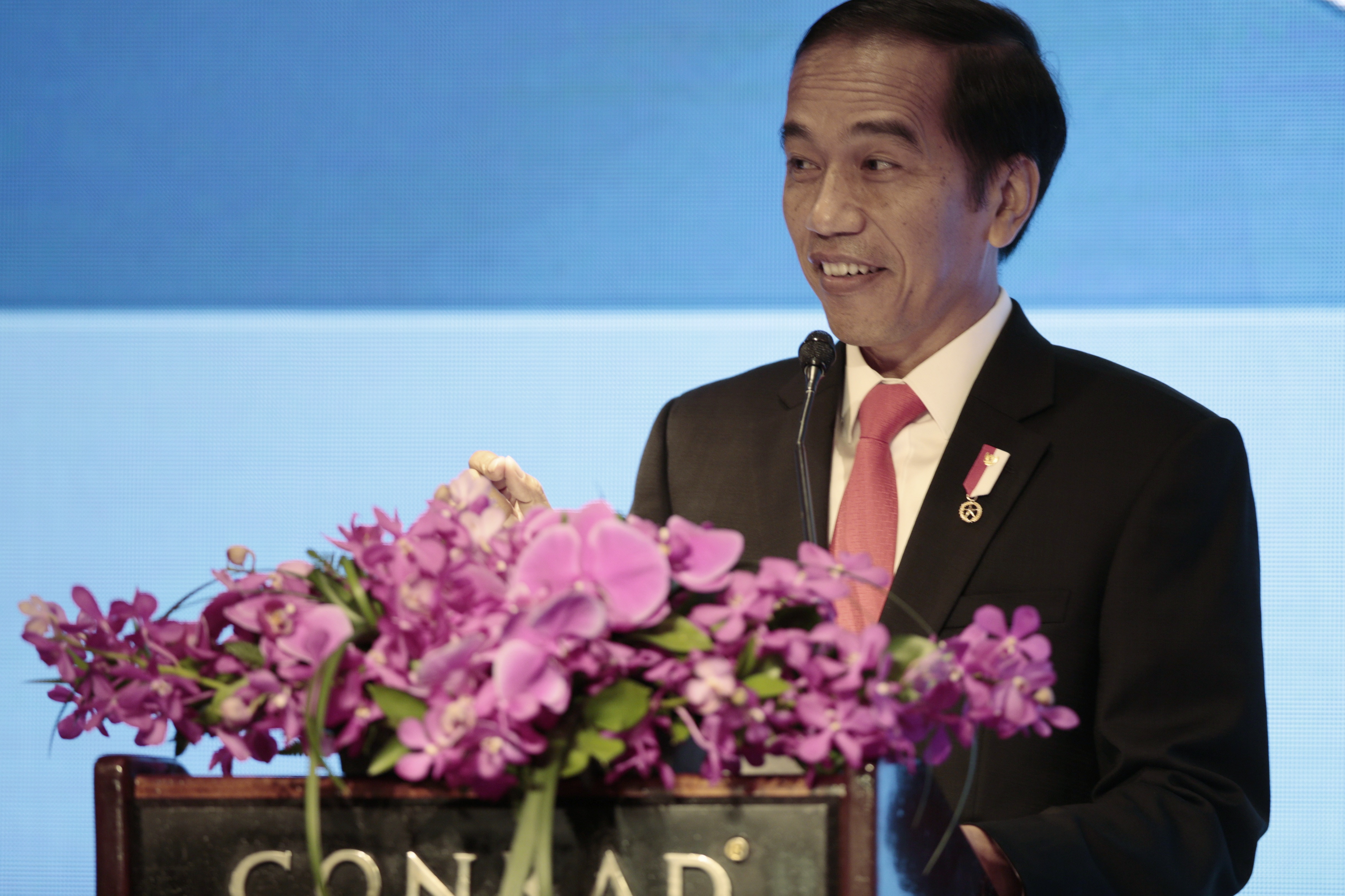 印尼總統佐科維多多昨日在金鐘港麗酒店出席商界交流會，並發表演說。（林若勤攝）