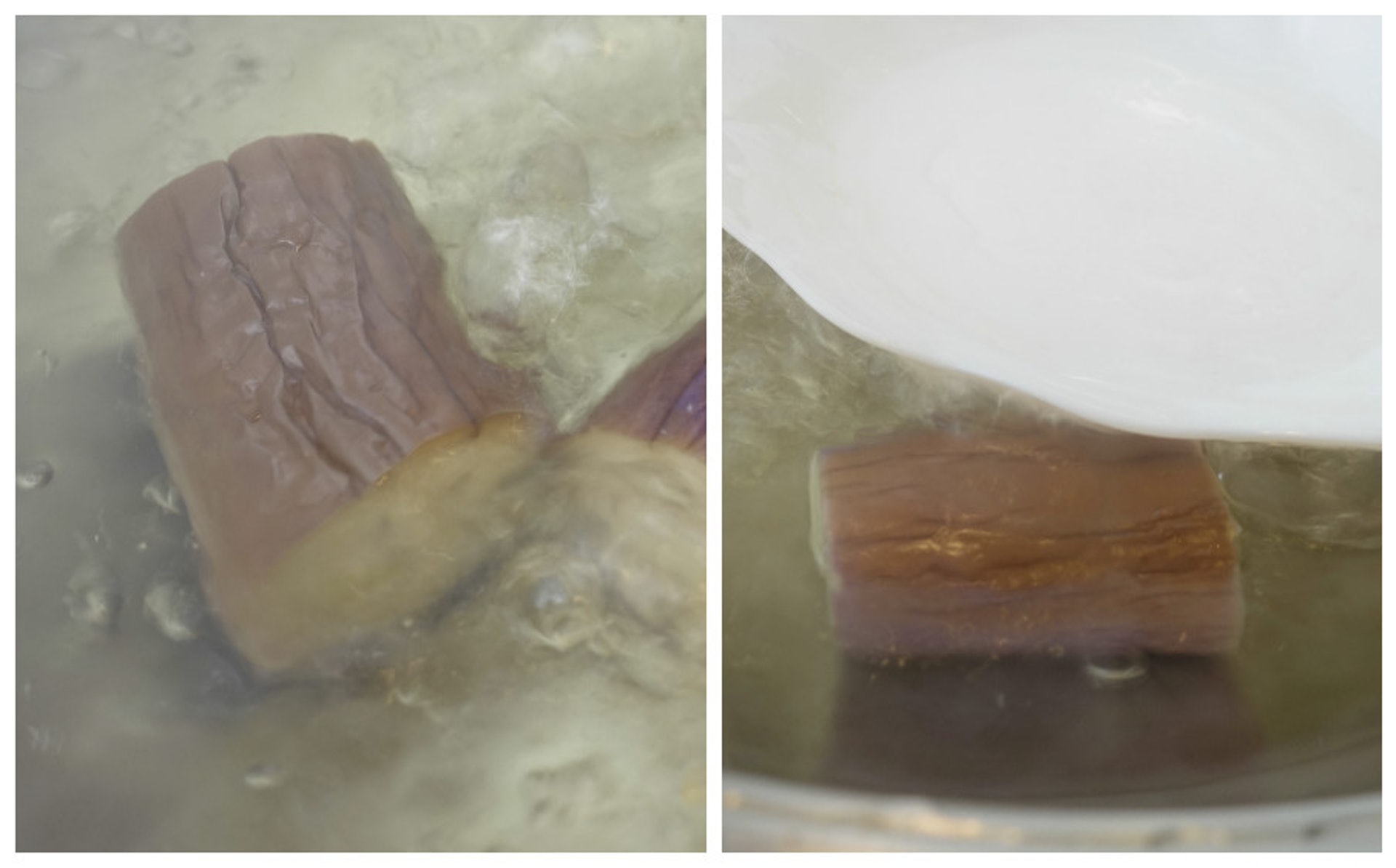 壓在水中的茄子（右）和浮在水面的茄子皮顏色的確有明顯分別。（鄒家鳳攝）