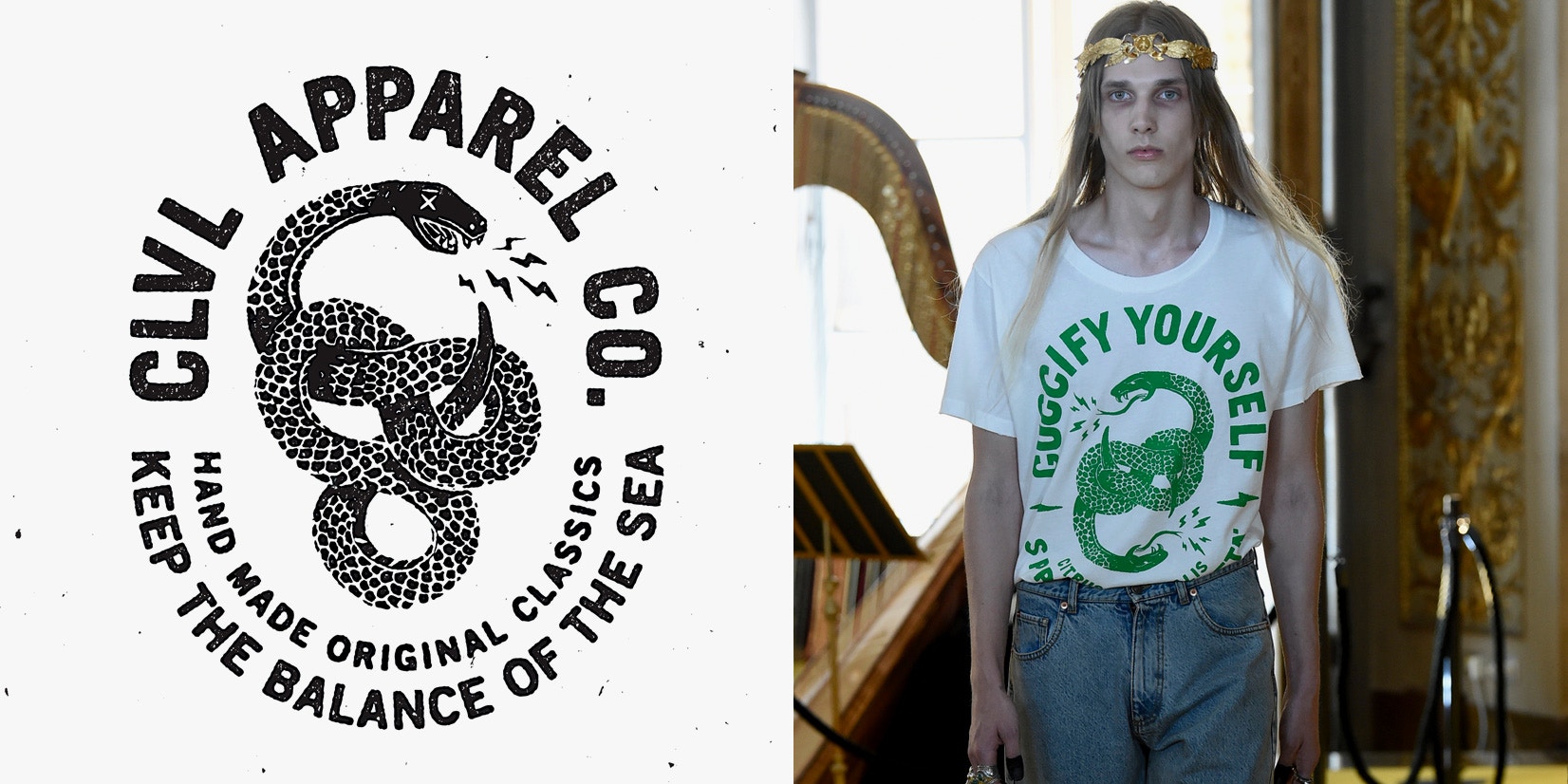 （左）紐西蘭藝術家Stuart Smythe的logo設計。（右）Gucci 2018年春夏Cruise Collection造型。