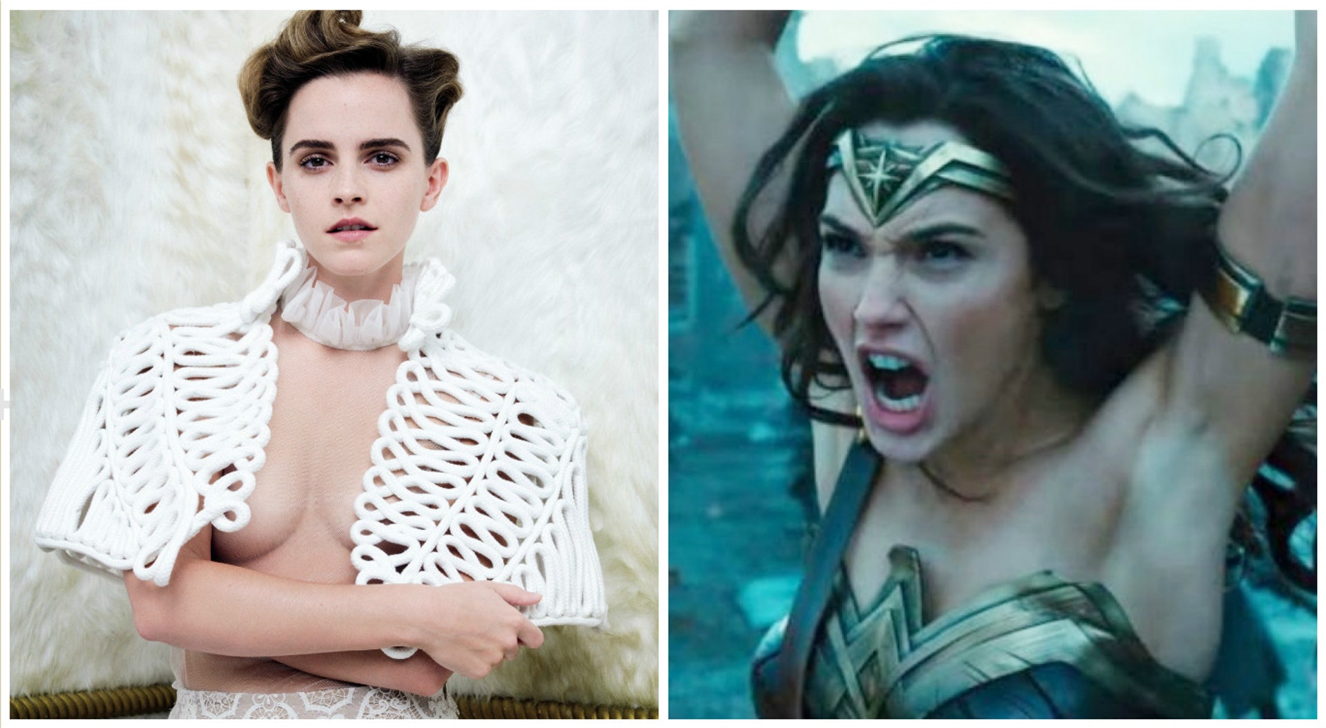 左:Emma Watson引起女權主義風波的照片(Vanity Fair),右:神奇女俠舉起隻手露出光滑腋下的一幕(《神奇女俠》截圖) 左:Emma Watson引起女權主義風波的照片(Vanity Fair),右:神奇女俠舉起隻手露出光滑腋下的一幕(《神奇女俠》截圖)