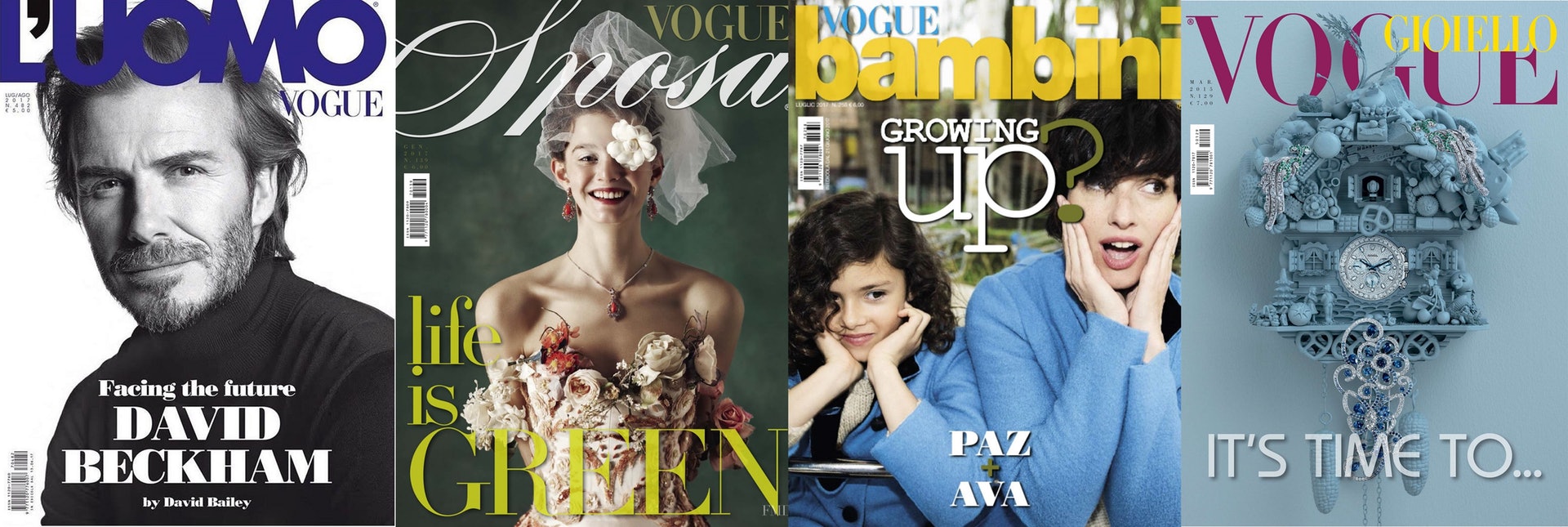 左至右:《L’Uomo Vogue》2017年7月及8月號、《Vogue Sposa》2017年1月號、《Vogue Bambini》2017年7月號與《Vogue Gioiello》2015年3月號。(網上圖片) 左至右:《L’Uomo Vogue》2017年7月及8月號、《Vogue Sposa》2017年1月號、《Vogue Bambini》2017年7月號與《Vogue Gioiello》2015年3月號。(網上圖片)