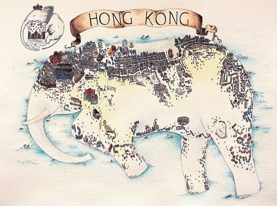 年輕藝術家梁世潘以舊建築為藍本，繪畫多變的香港地貌。圖為作品《象》。（梁世潘）