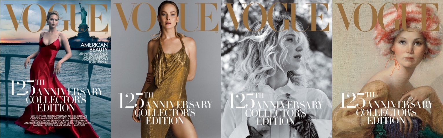 《Vogue》美國版9月號四款封面，分別由（左起）Annie Leibovitz、Inez and Vinoodh、Bruce Weber和藝術家John Currin負責。（IG @voguemagazine）