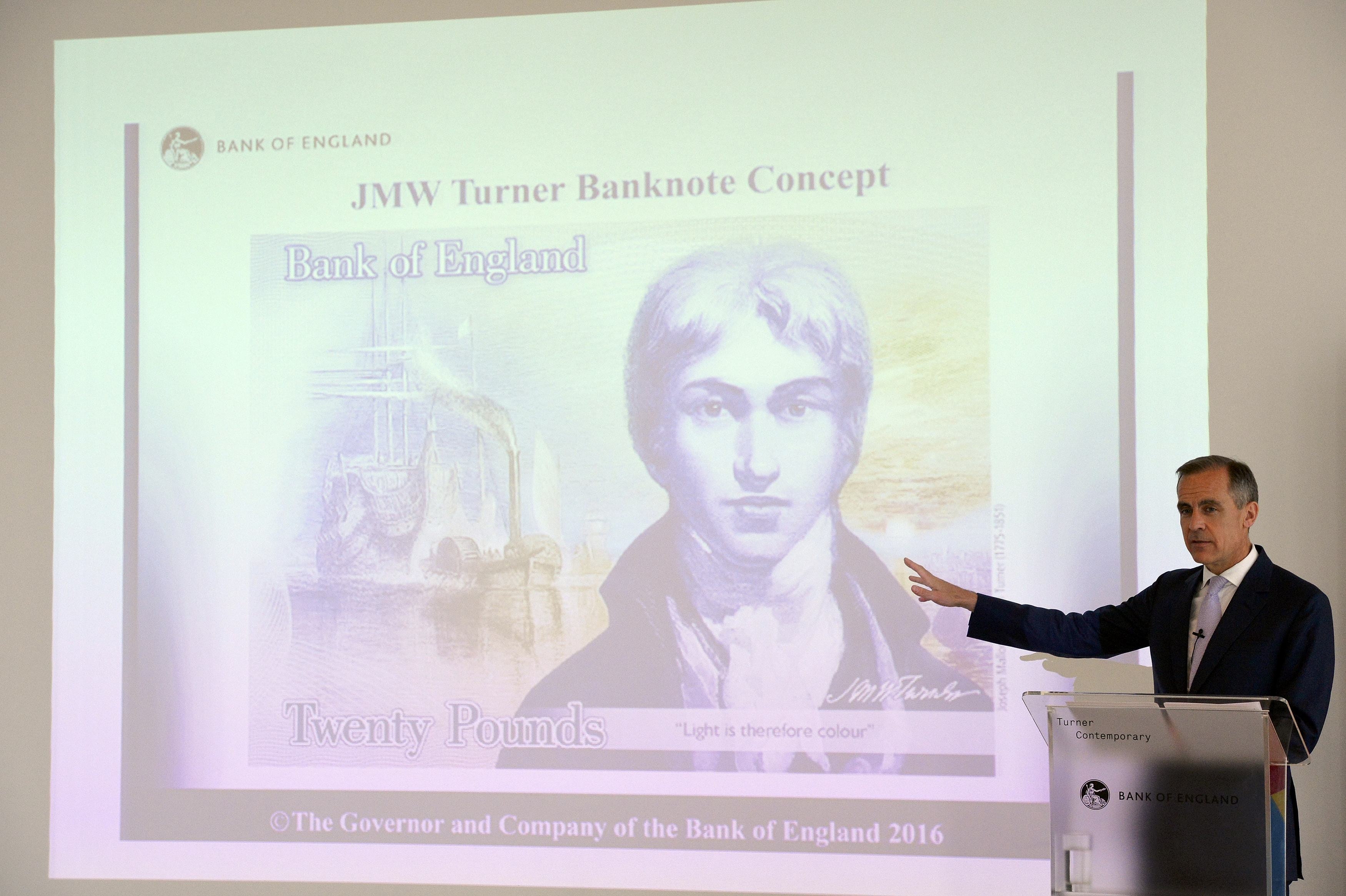 英格蘭銀行於最近公佈新的20英鎊設計，以藝術家特納（J.M.W Turner）的肖像取代原來的經濟學家亞當‧斯密（Adam Smith）。（Glynn Kirk/REUTERS）