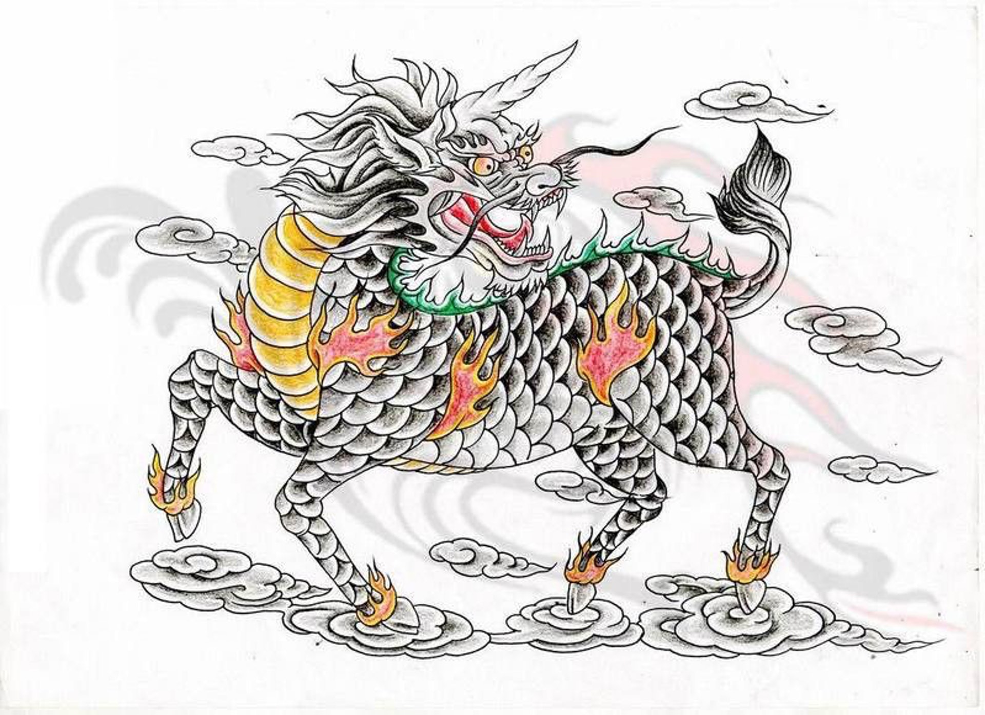 「麒麟」(中國古代神話象徵祥瑞的吉祥之獸)。 高雄刺青、刺青、高雄刺青店、高雄刺青推薦、高雄刺青改圖、高雄紋身