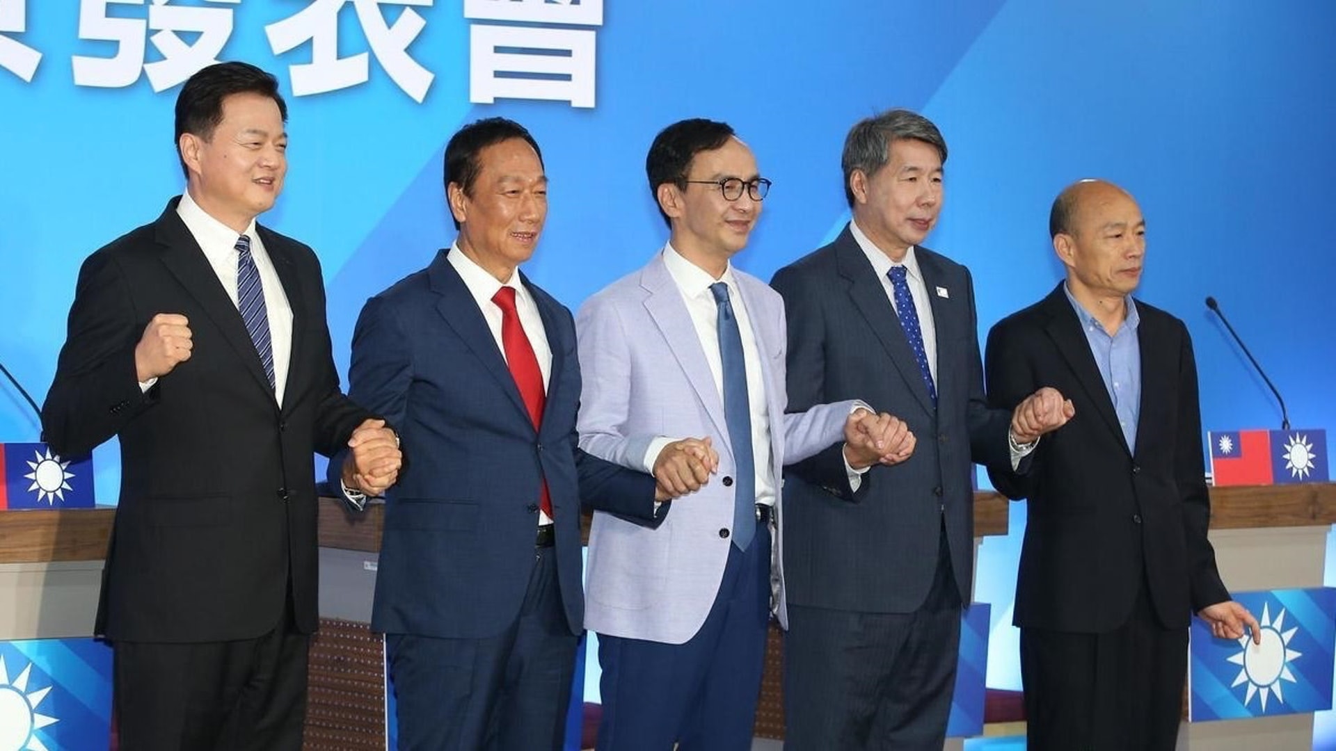 韓國瑜從國民黨總統初選中脱穎而出。圖為黨內初選5名參選者。（資料圖片）