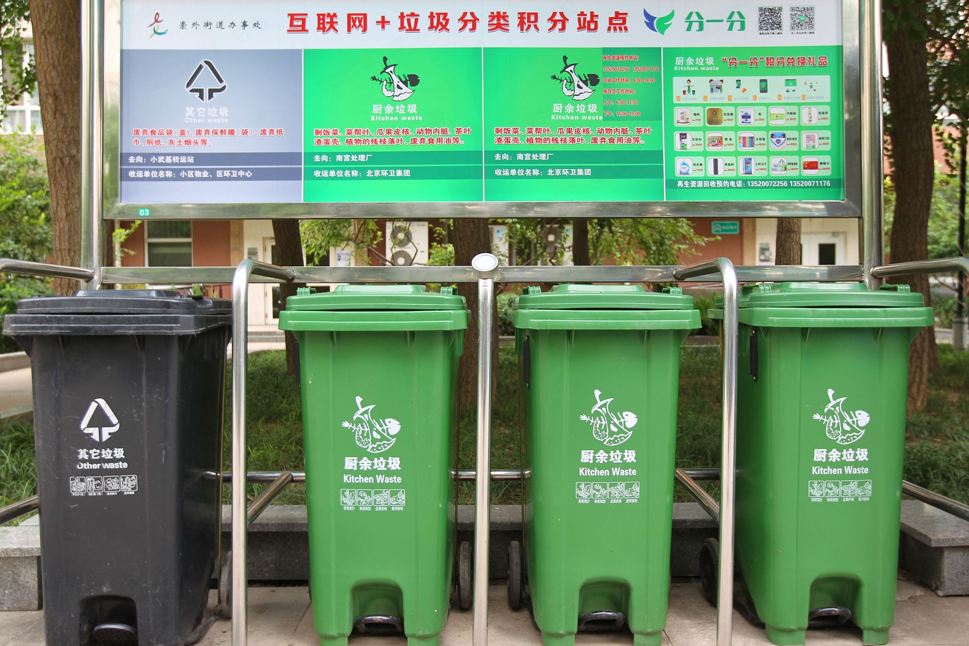 北京垃圾分類的標準為：廚餘垃圾、有害垃圾、其它垃圾、可回收物。（視覺中國）