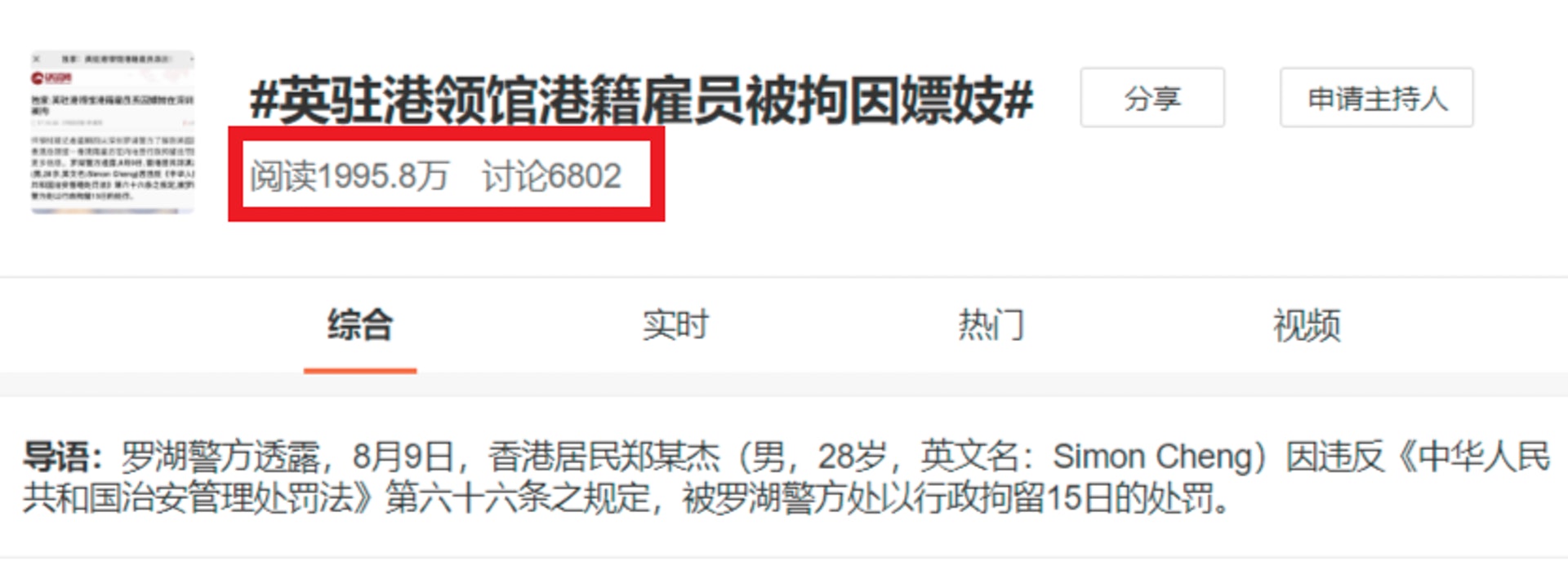 截至6點左右,微博上標籤為「英駐港領館港籍僱員被拘因嫖妓」相關帖子的閲讀量已近2千萬,討論數量達到近7千。(網頁截圖) 截至6點左右,微博上標籤為「英駐港領館港籍僱員被拘因嫖妓」相關帖子的閲讀量已近2千萬,討論數量達到近7千。(網頁截圖)