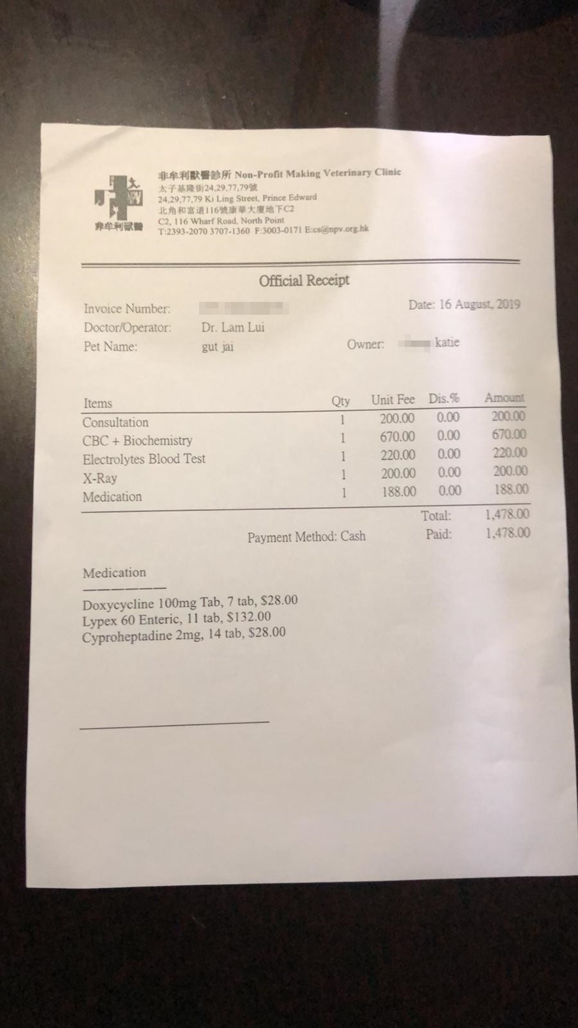 醫生為吉仔檢查後,仍找不到不適的原因,懷疑跟吉仔受驚有關。(受訪者提供) 醫生為吉仔檢查後,仍找不到不適的原因,懷疑跟吉仔受驚有關。(受訪者提供)