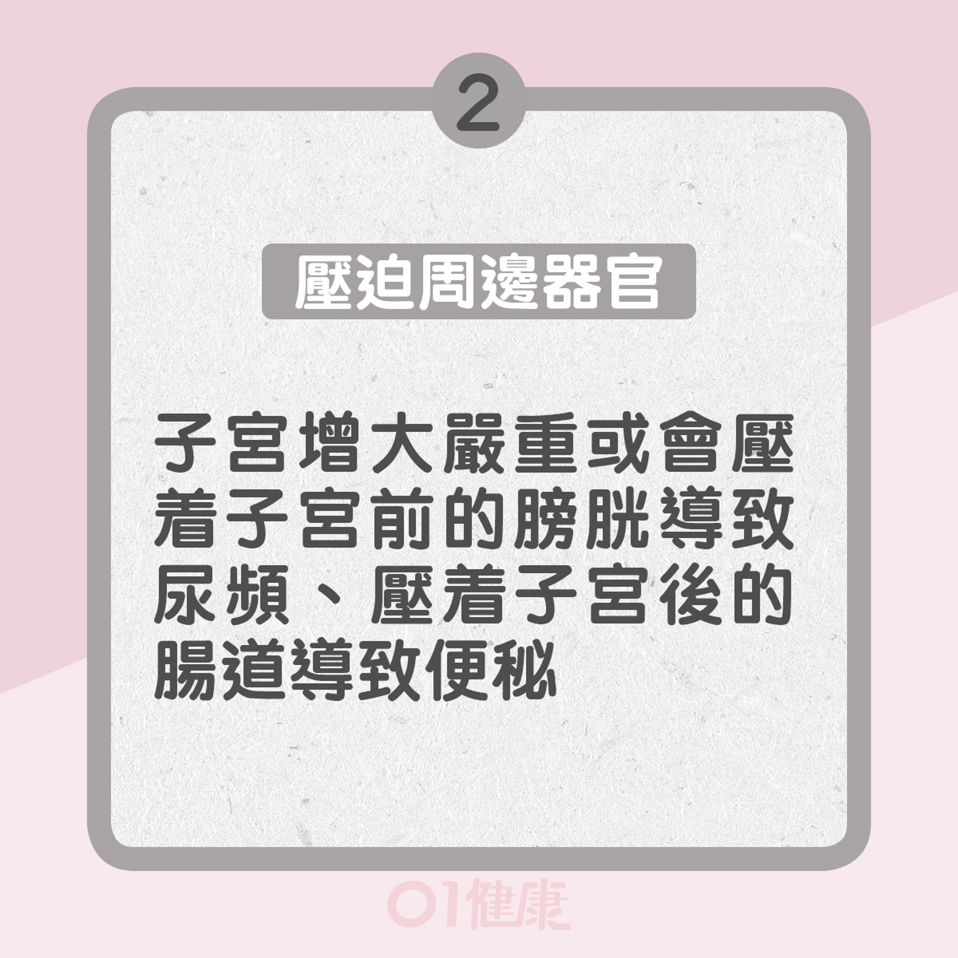 2. 壓迫周邊器官:子宮增大嚴重或會壓着子宮前的膀胱導致尿頻、壓着子宮後的腸道導致便秘(01製圖) 2. 壓迫周邊器官:子宮增大嚴重或會壓着子宮前的膀胱導致尿頻、壓着子宮後的腸道導致便秘(01製圖)