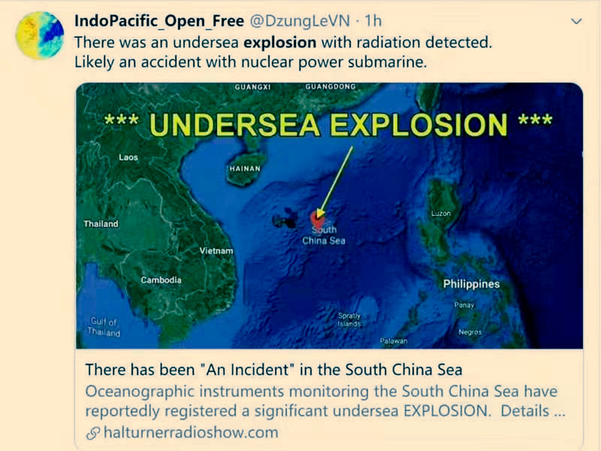 海外網絡流傳的南海發生疑似核潛艇爆炸的信息。（微博@河婆Jason007）