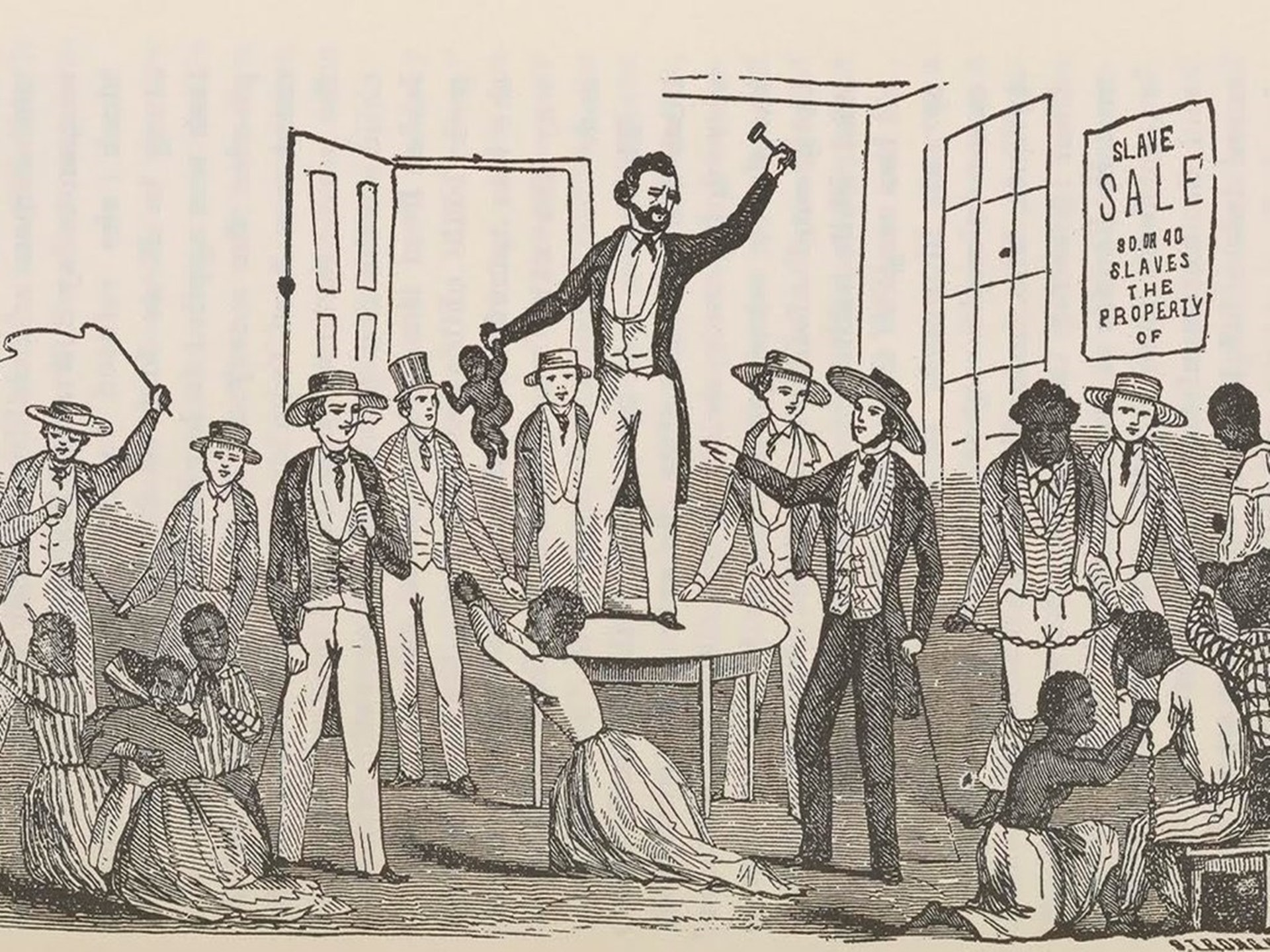 正在拍賣黑奴嬰兒的美國奴隸販子,由圖中可見黑奴母親正跪坐在地哀求。(Smithsonian』s National Museum of African American History and Culture) 正在拍賣黑奴嬰兒的美國奴隸販子,由圖中可見黑奴母親正跪坐在地哀求。(Smithsonian』s National Museum of African American History and Culture)