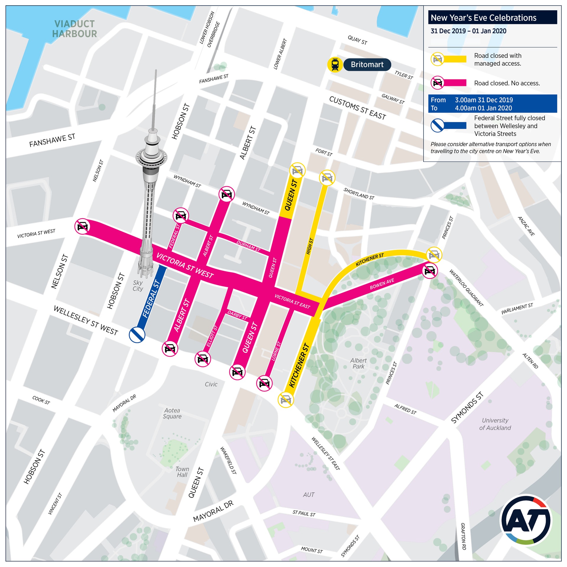 圖為新西蘭奧克蘭市議會先公布天空塔附近的封路措施。(奧克蘭市議會網站) 圖為新西蘭奧克蘭市議會先公布天空塔附近的封路措施。(奧克蘭市議會網站)