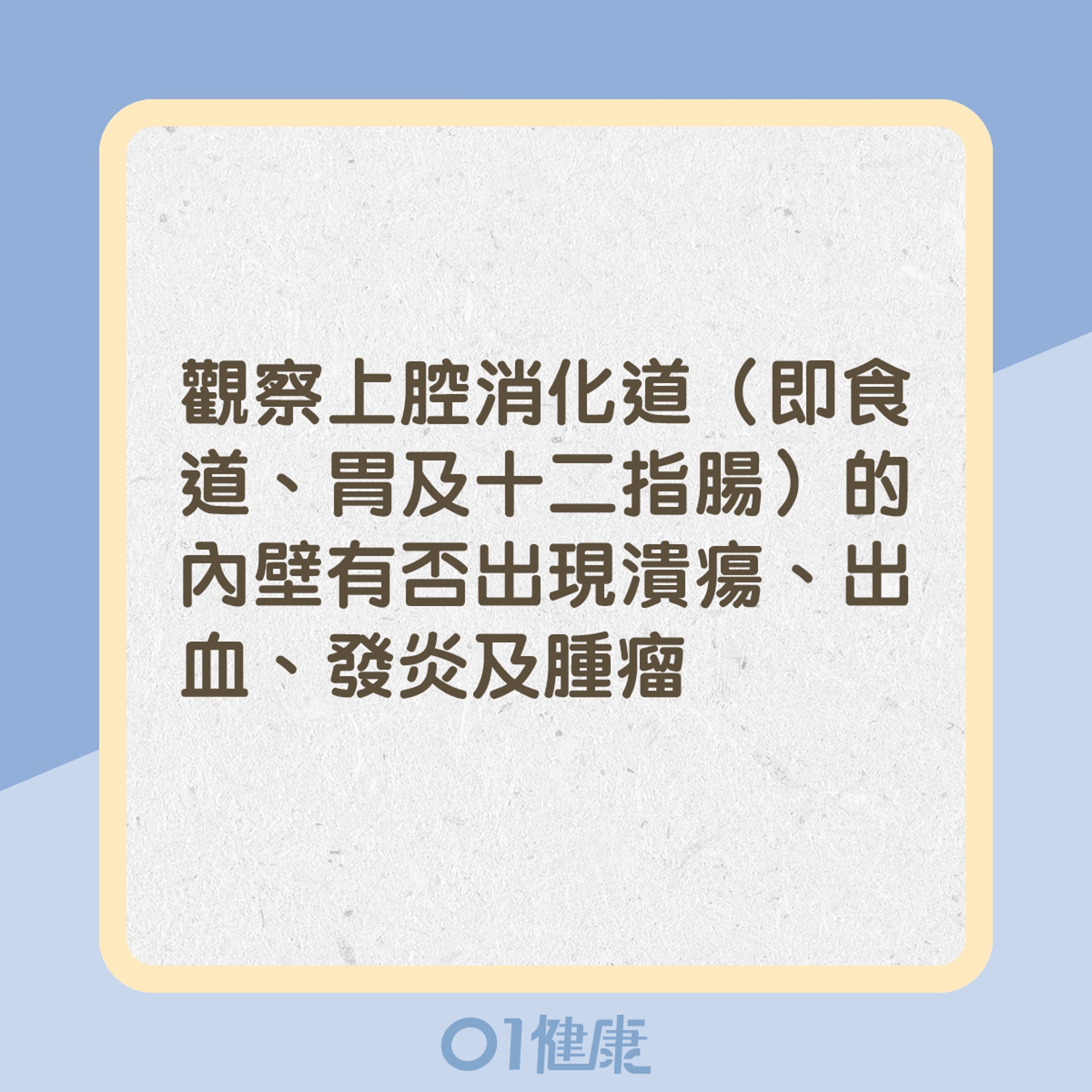 觀察上腔消化道（即食道、胃及十二指腸）的內壁有否出現潰瘍、出血、發炎及腫瘤（01製圖）