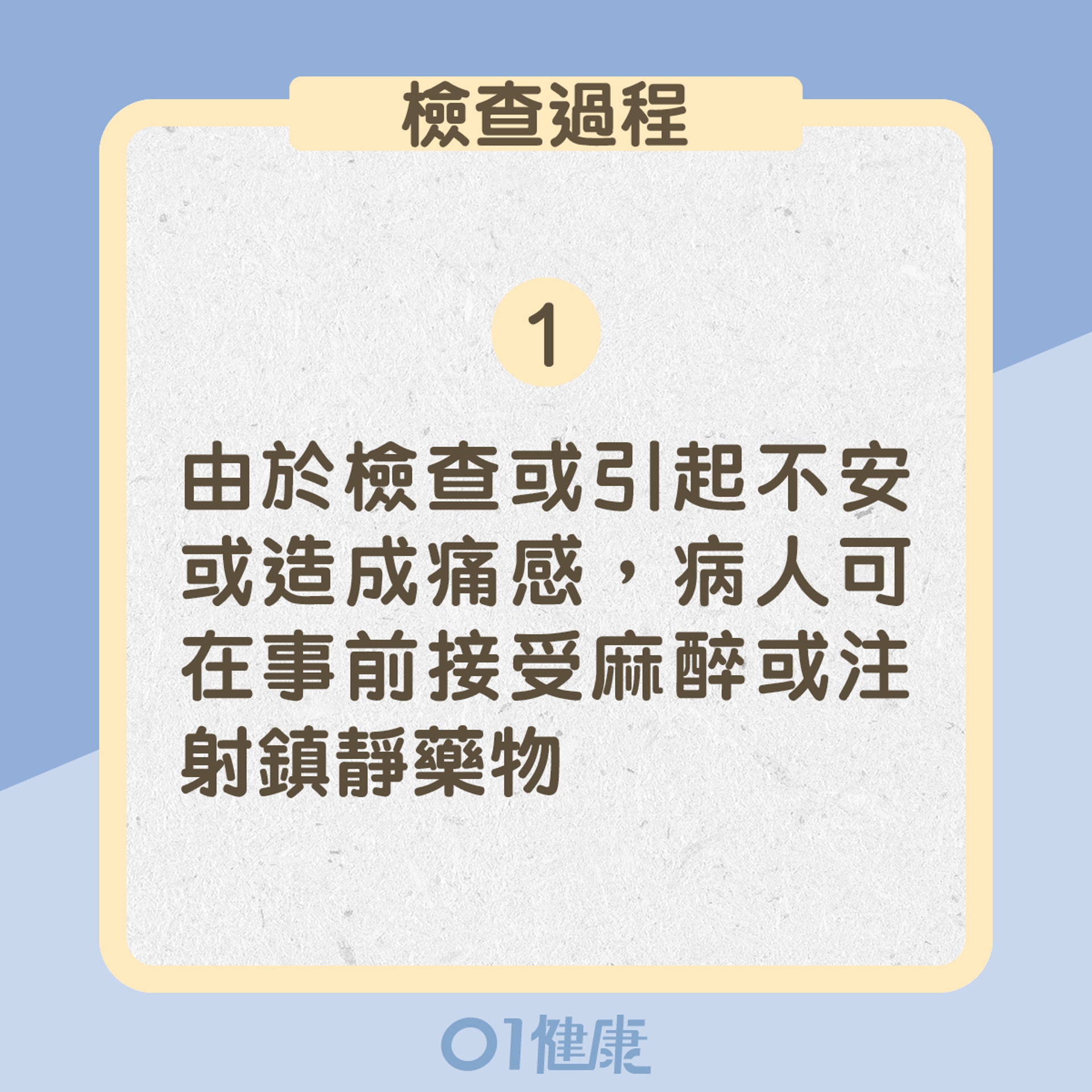 由於檢查或會引起不安或造成痛感，病人可在事前接受麻醉或注射鎮靜藥物（01製圖）