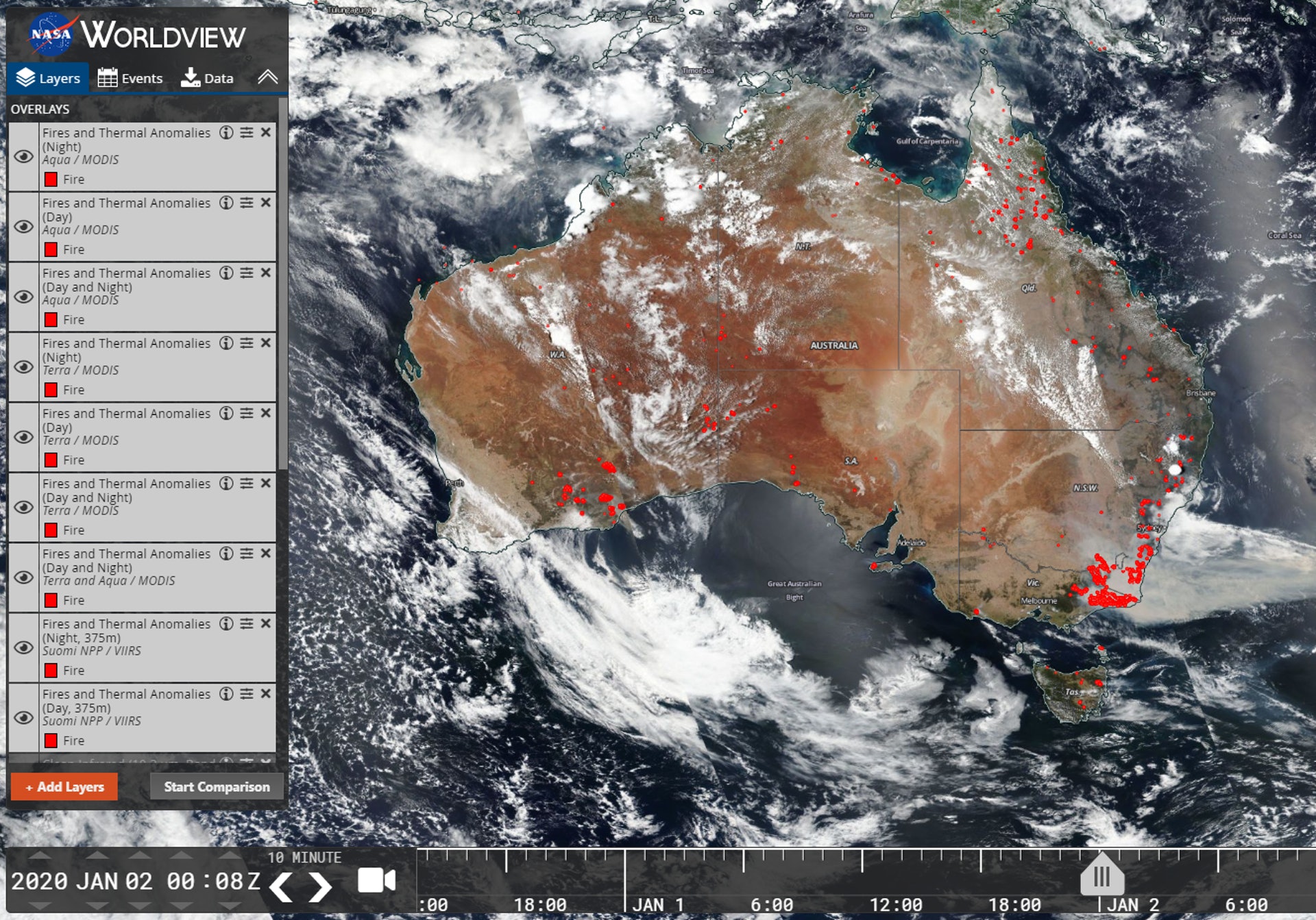 NASA衛星圖像顯示澳洲山火的火場位置分佈(紅點) NASA衛星圖像顯示澳洲山火的火場位置分佈(紅點)