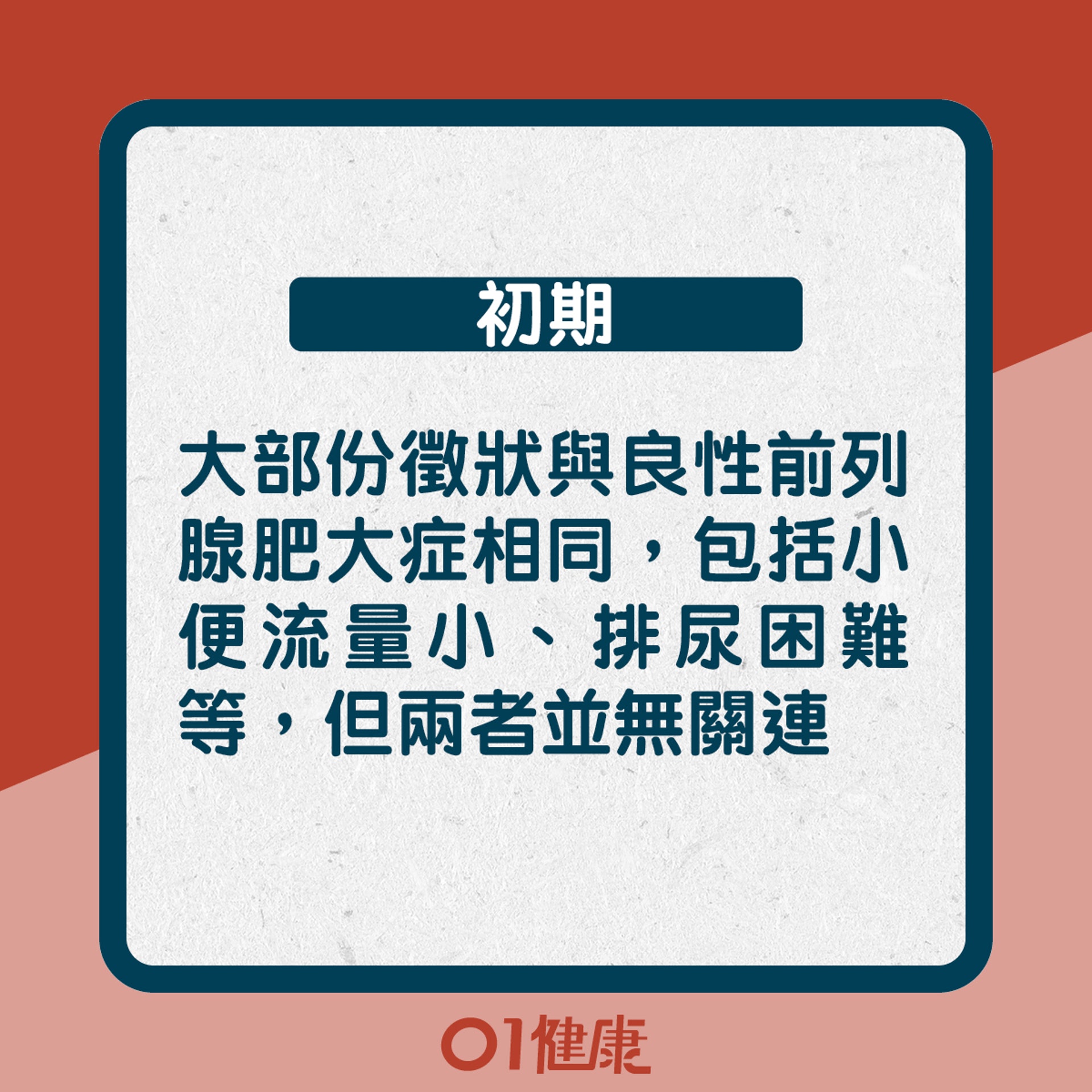 初期:大部份徵狀與良性前列腺肥大症相同,包括小便流量小、排尿困難等,但兩者並無關連(01製圖) 初期:大部份徵狀與良性前列腺肥大症相同,包括小便流量小、排尿困難等,但兩者並無關連(01製圖)
