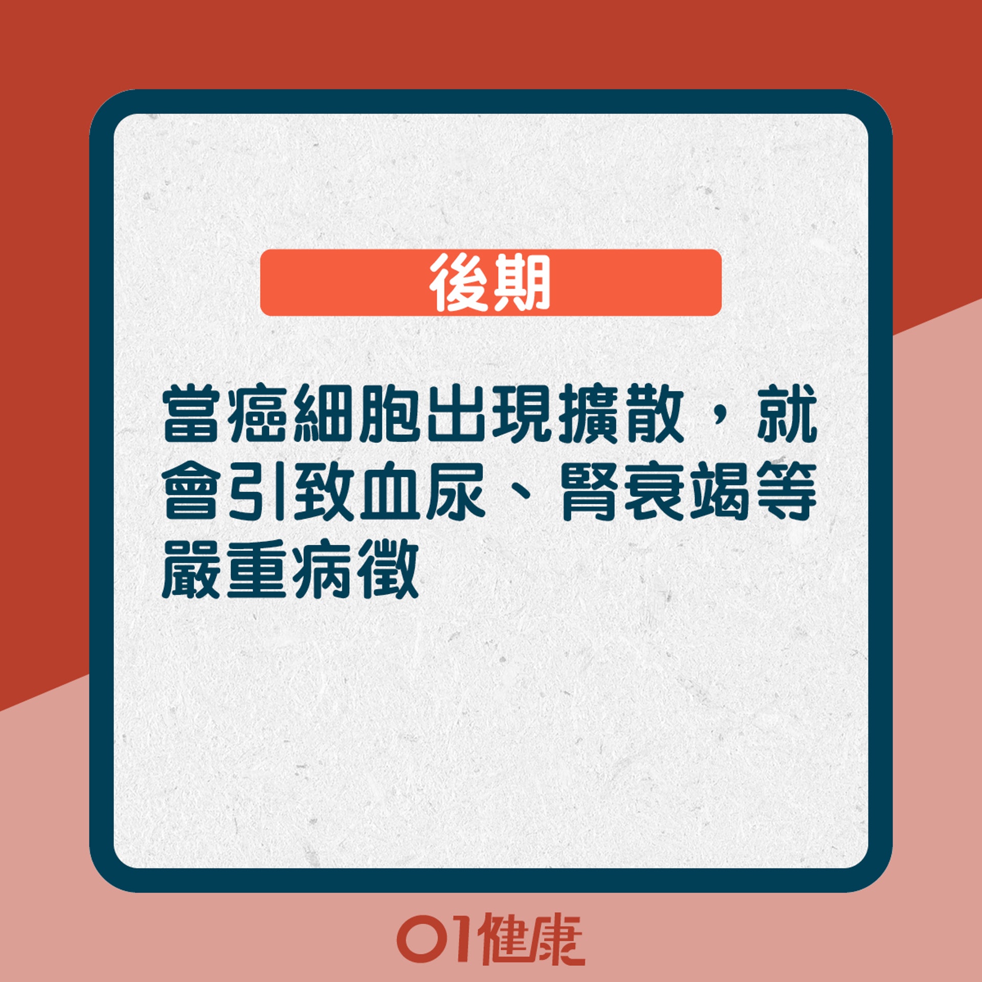 後期:當癌細胞出現擴散,就會引致血尿、腎衰竭等嚴重病徵(01製圖) 後期:當癌細胞出現擴散,就會引致血尿、腎衰竭等嚴重病徵(01製圖)