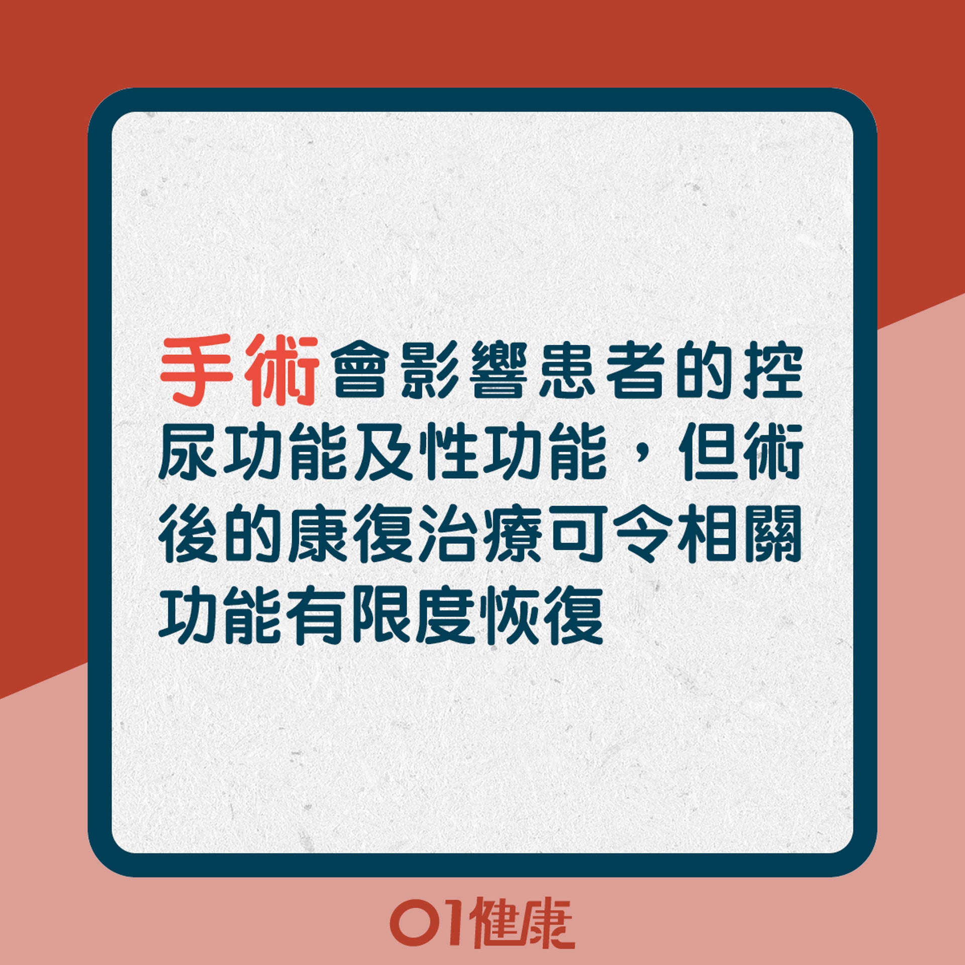 手術會影響患者的控尿功能及性功能,但術後的康復治療可令相關功能有限度恢復(01製圖) 手術會影響患者的控尿功能及性功能,但術後的康復治療可令相關功能有限度恢復(01製圖)