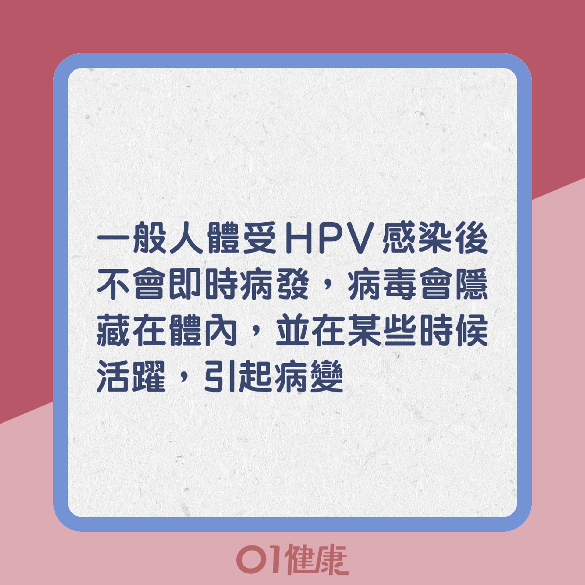 一般人體受HPV感染後不會即時病發，病毒會隱藏在體內，並在某些時候活躍，引起病變（01製圖）