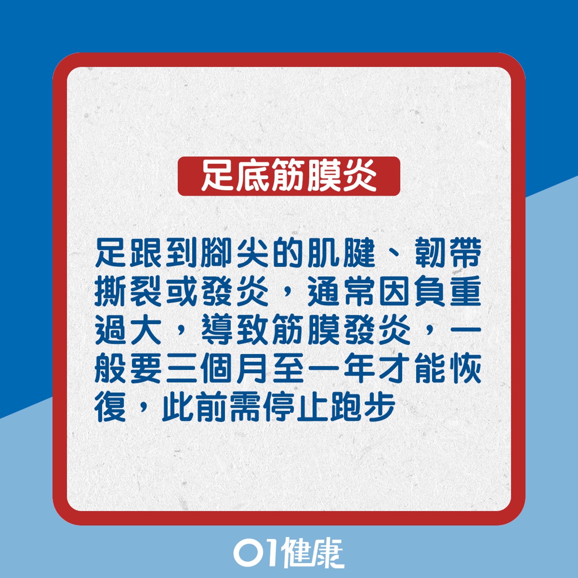 足底筋膜炎：足跟到腳尖的肌腱、韌帶細微撕裂或發炎，通常因負重過大，令足底肌肉在跑步時受衝擊，導致筋膜發炎，一般要三個月至一年才能恢復，此前需停止跑步（01製圖）