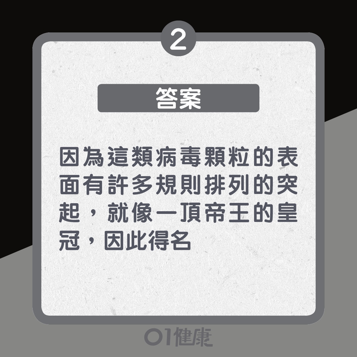 2. 答案:因為這類病毒顆粒的表面有許多規則排列的突起,就像一頂帝王的皇冠,因此得名(01製圖) 2. 答案:因為這類病毒顆粒的表面有許多規則排列的突起,就像一頂帝王的皇冠,因此得名(01製圖)
